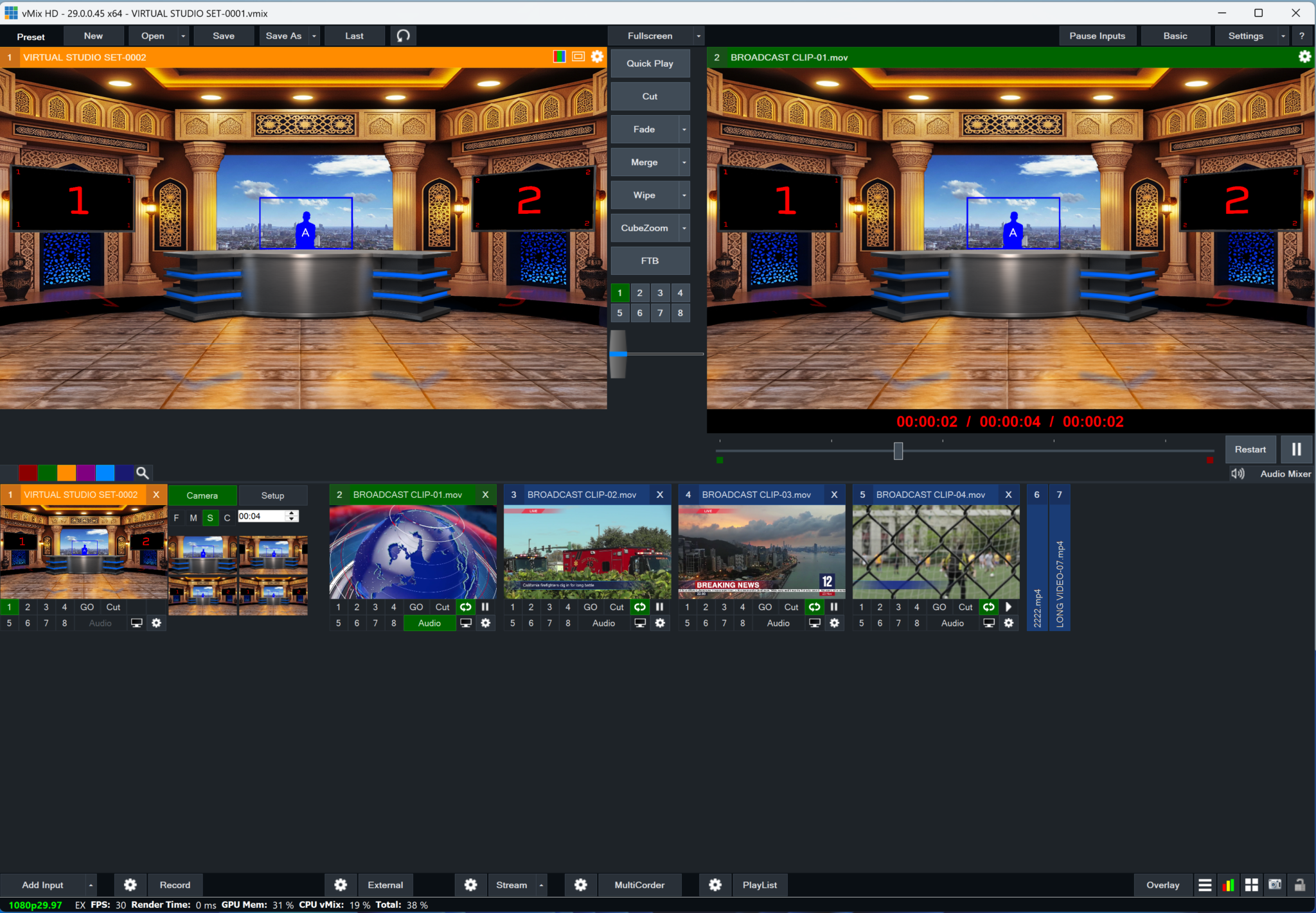 Professional virtual studio set for vMix talk show and news broadcasts with customizable green screen backgrounds