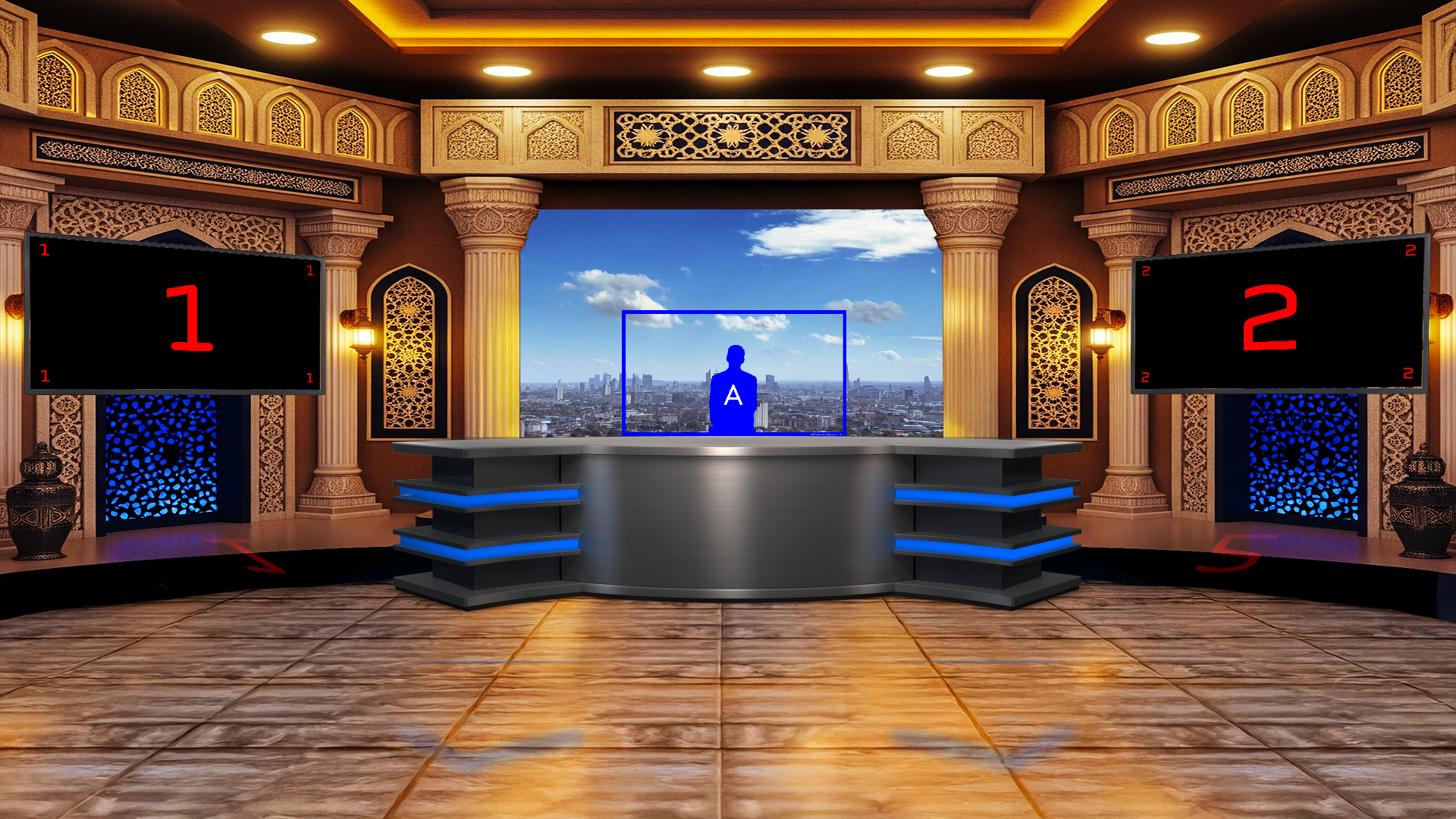 Professional virtual studio set for vMix talk show and news broadcasting with customizable green screen backgrounds