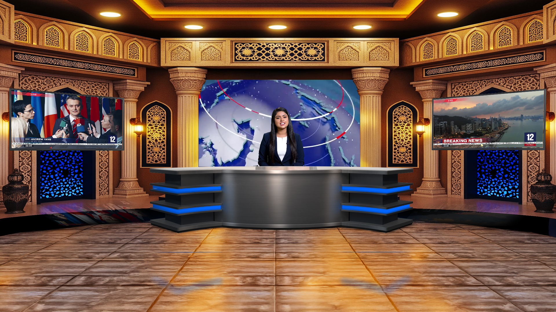 Professional virtual studio set for vMix talk show and news production with customizable backgrounds and green screen optimization
