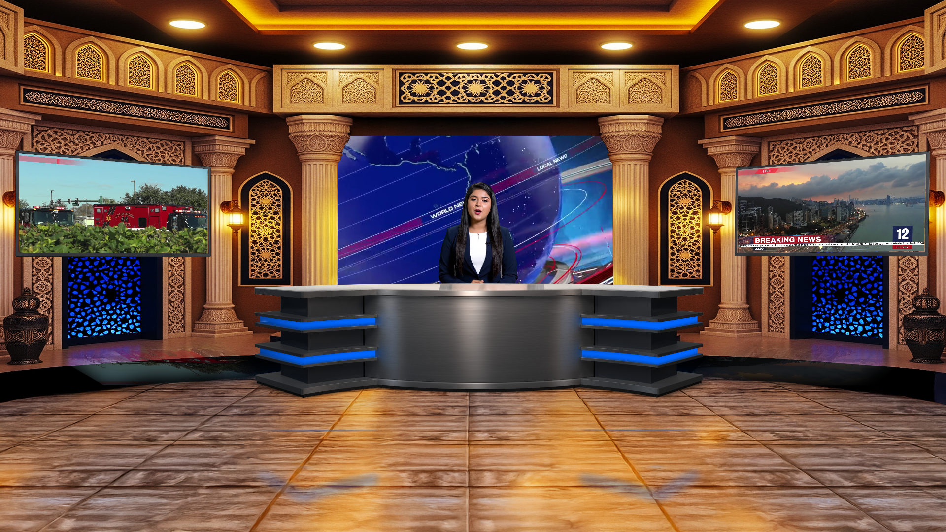 Professional Virtual Studio Set for vMix talk show and news broadcasting with customizable green screen backgrounds and multiple camera angles