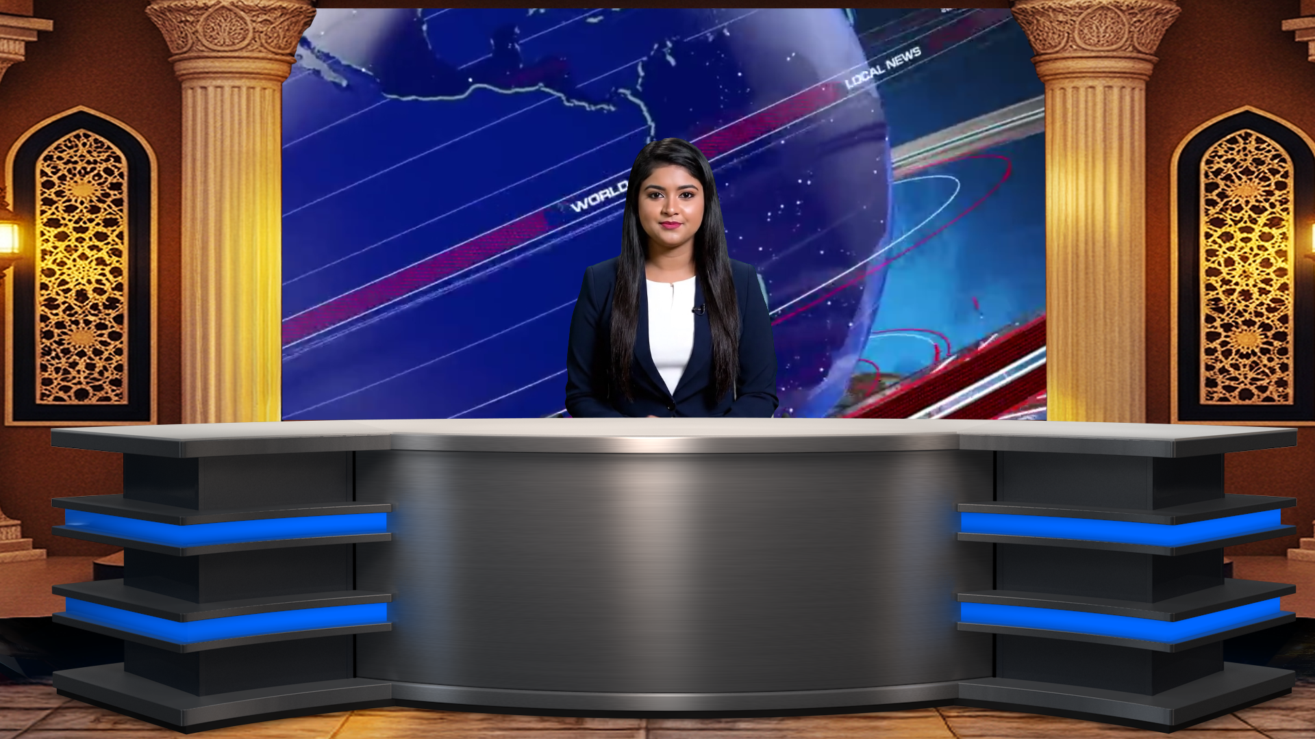 Professional virtual studio set for vMix talk show and news broadcasting with customizable green screen backgrounds and multiple camera angles