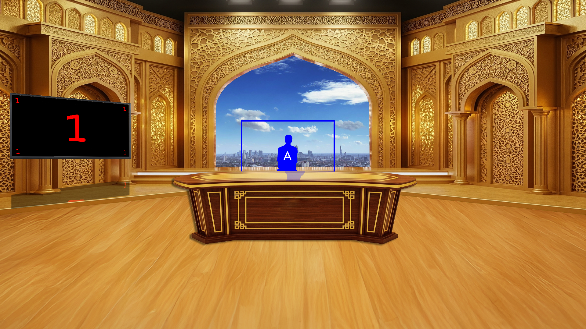 Professional virtual studio set for vMix talk show and news broadcasts with customizable green screen backgrounds and multiple camera angles
