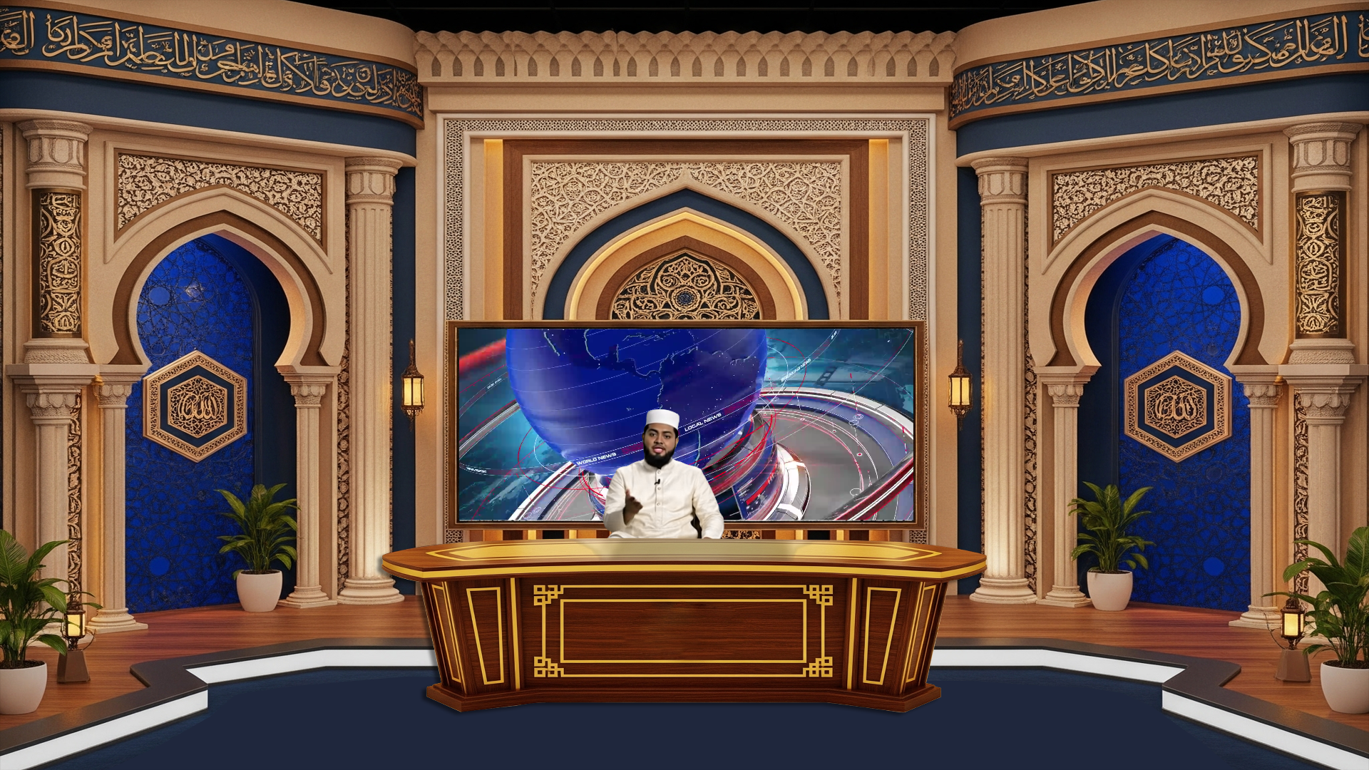 Professional virtual studio set for vMix talk shows and news broadcasts with customizable green screen backgrounds
