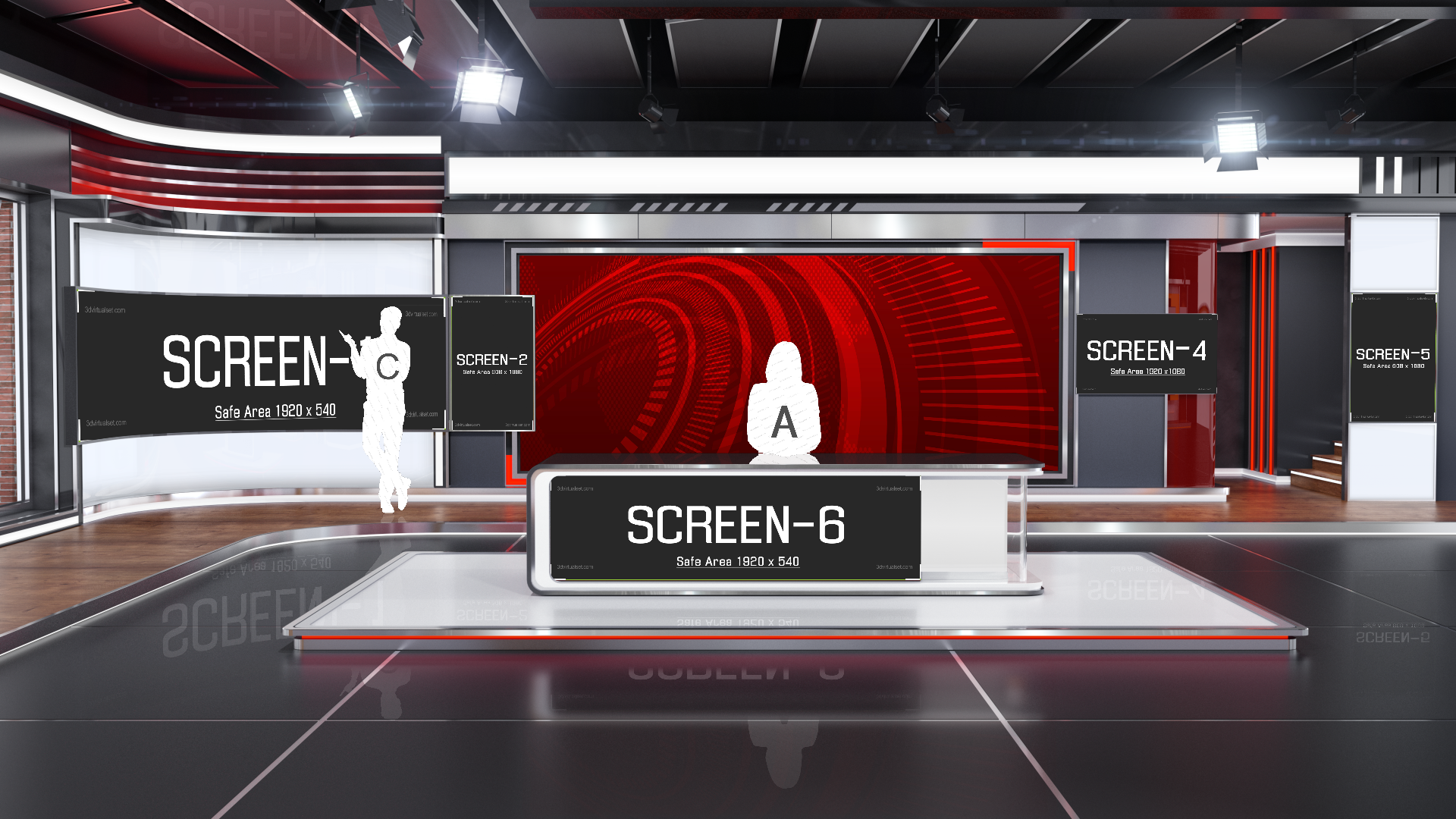 Professional virtual studio set for vMix, customizable talk show and news broadcast background optimized for green screen.