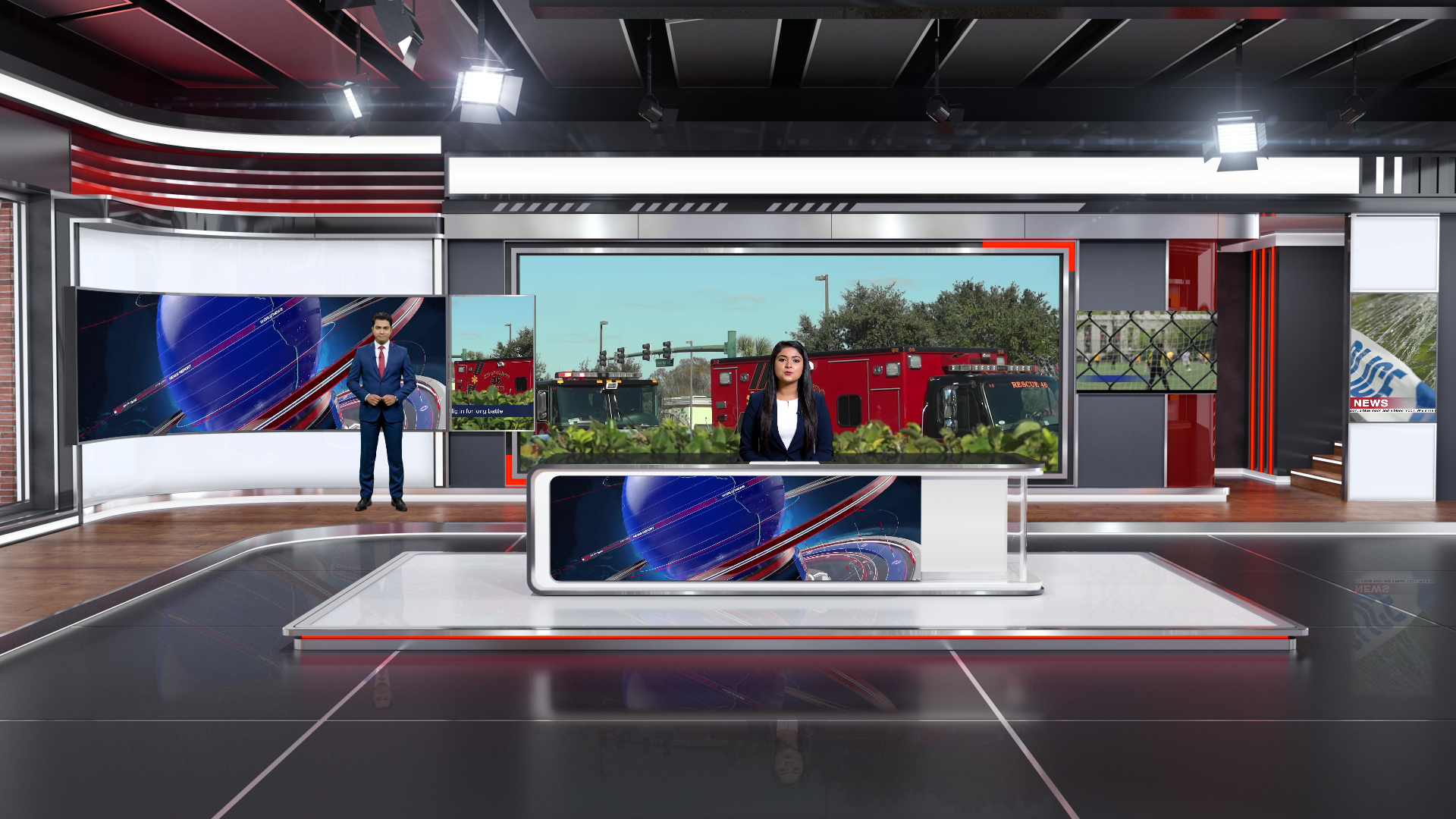 Professional virtual studio set for vMix talk shows and news broadcasts with customizable green screen backgrounds and multiple camera angles