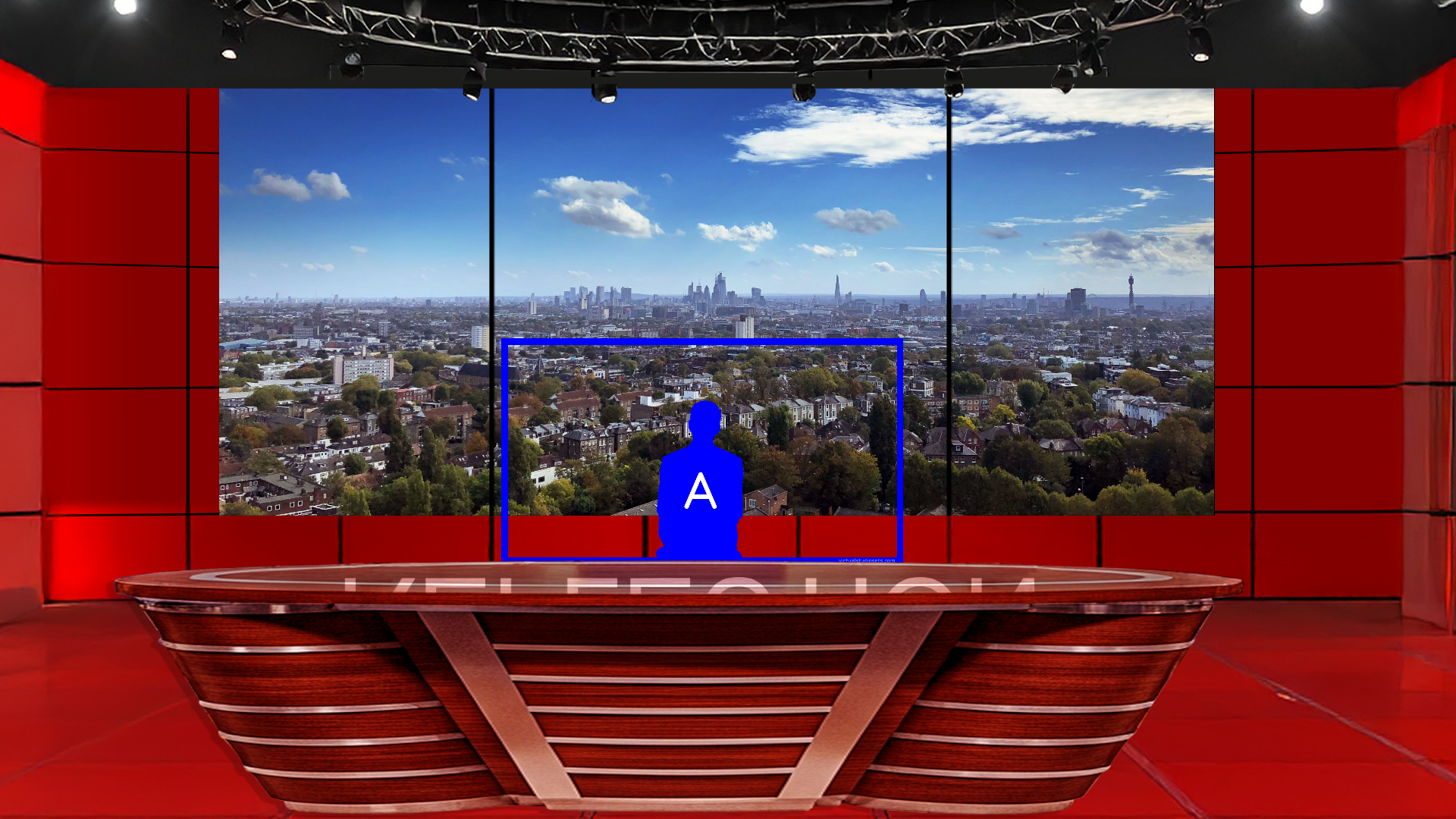 Digital design of elefair's professional virtual studio set for vMix, talk shows, and news broadcasts with modern studio visuals.