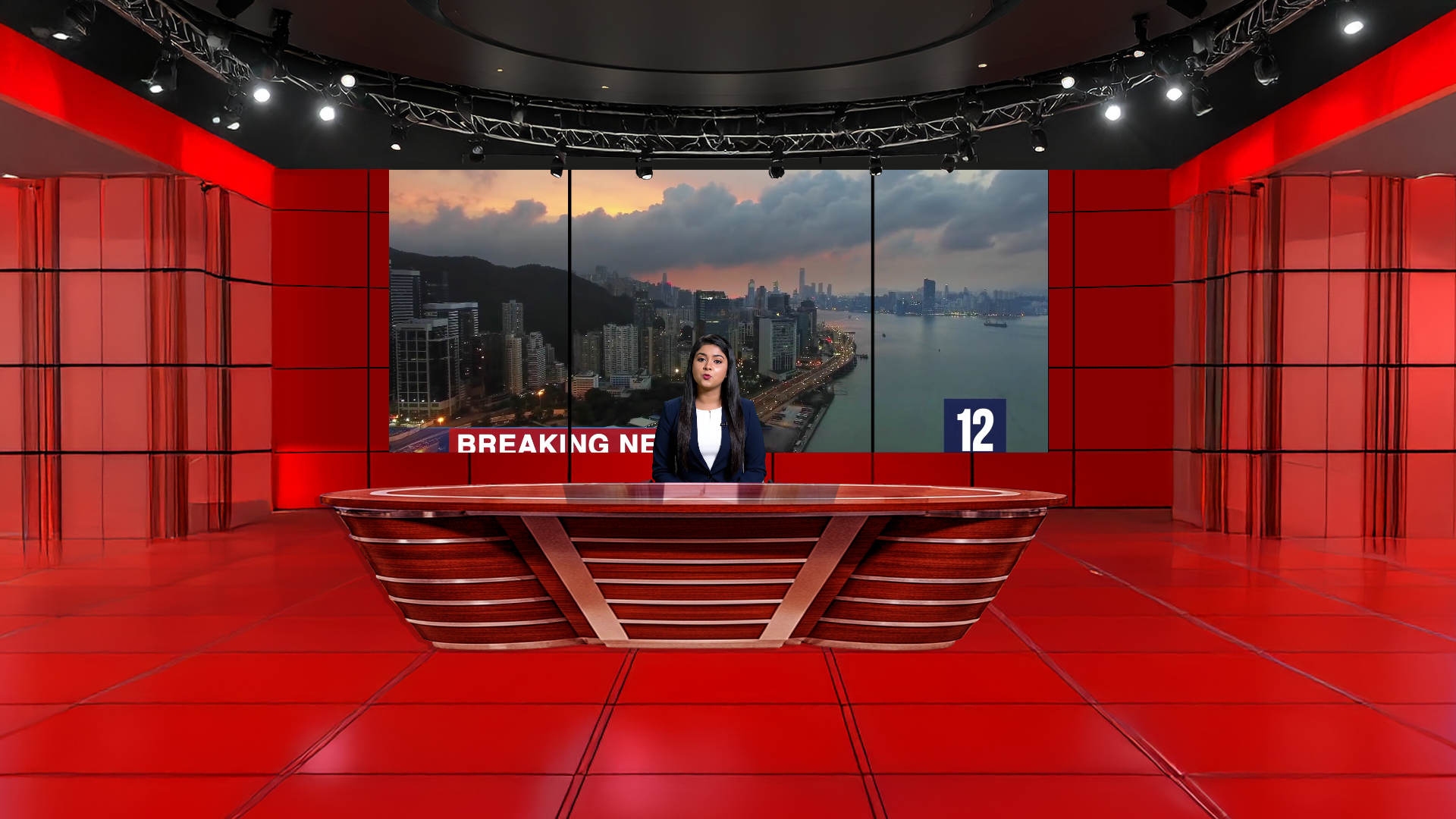 Digital design of elefair's professional virtual studio set for vMix, ideal for talk shows and news broadcasts.