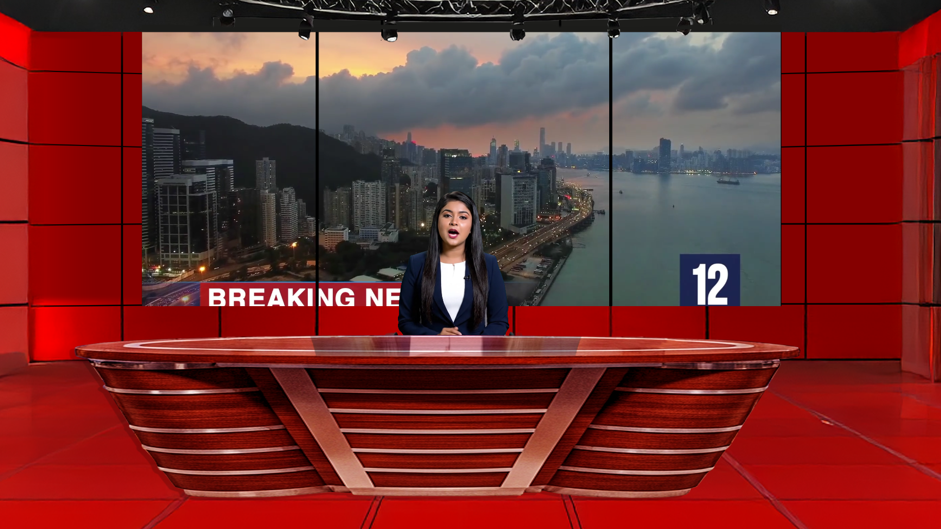 Digital design of elefair's professional virtual studio set for vMix, ideal for talk shows and news broadcasts.
