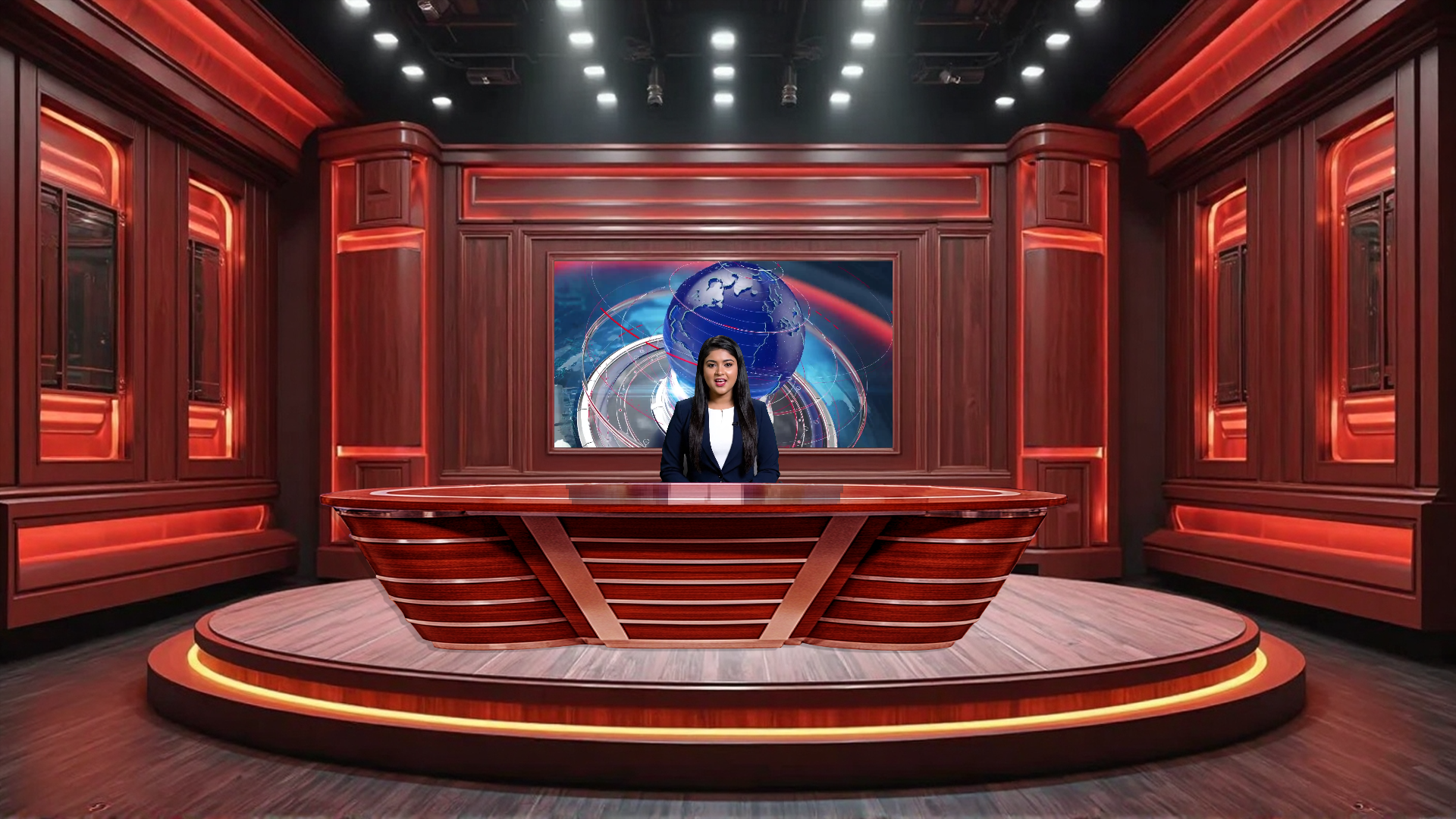 Professional virtual studio set for vMix talk shows and news broadcasts with customizable green screen backgrounds and multiple camera angles