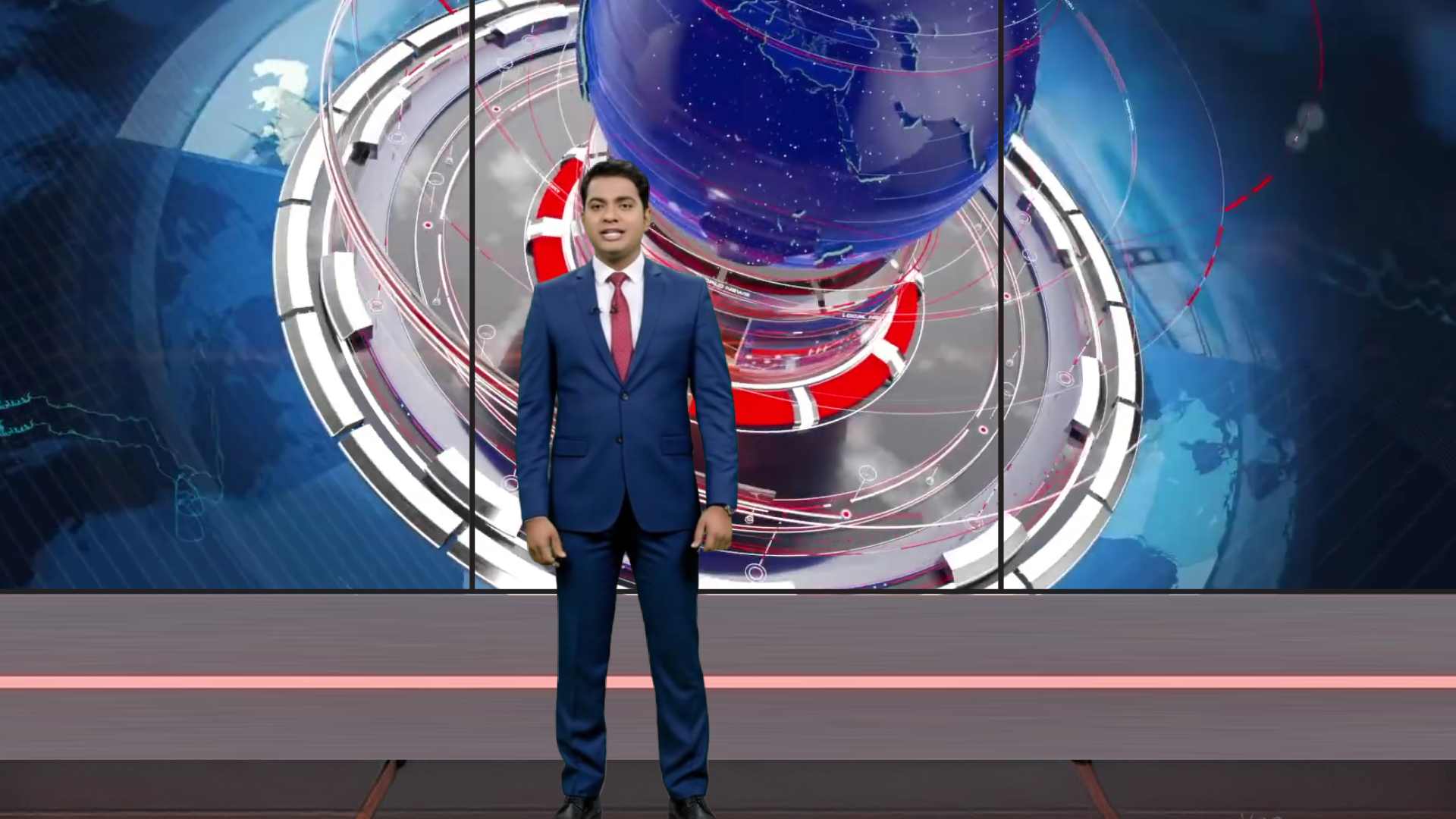 Digital design of a professional virtual studio set by elefair for vMix, talk shows, and news broadcasts, featuring modern studio visuals.