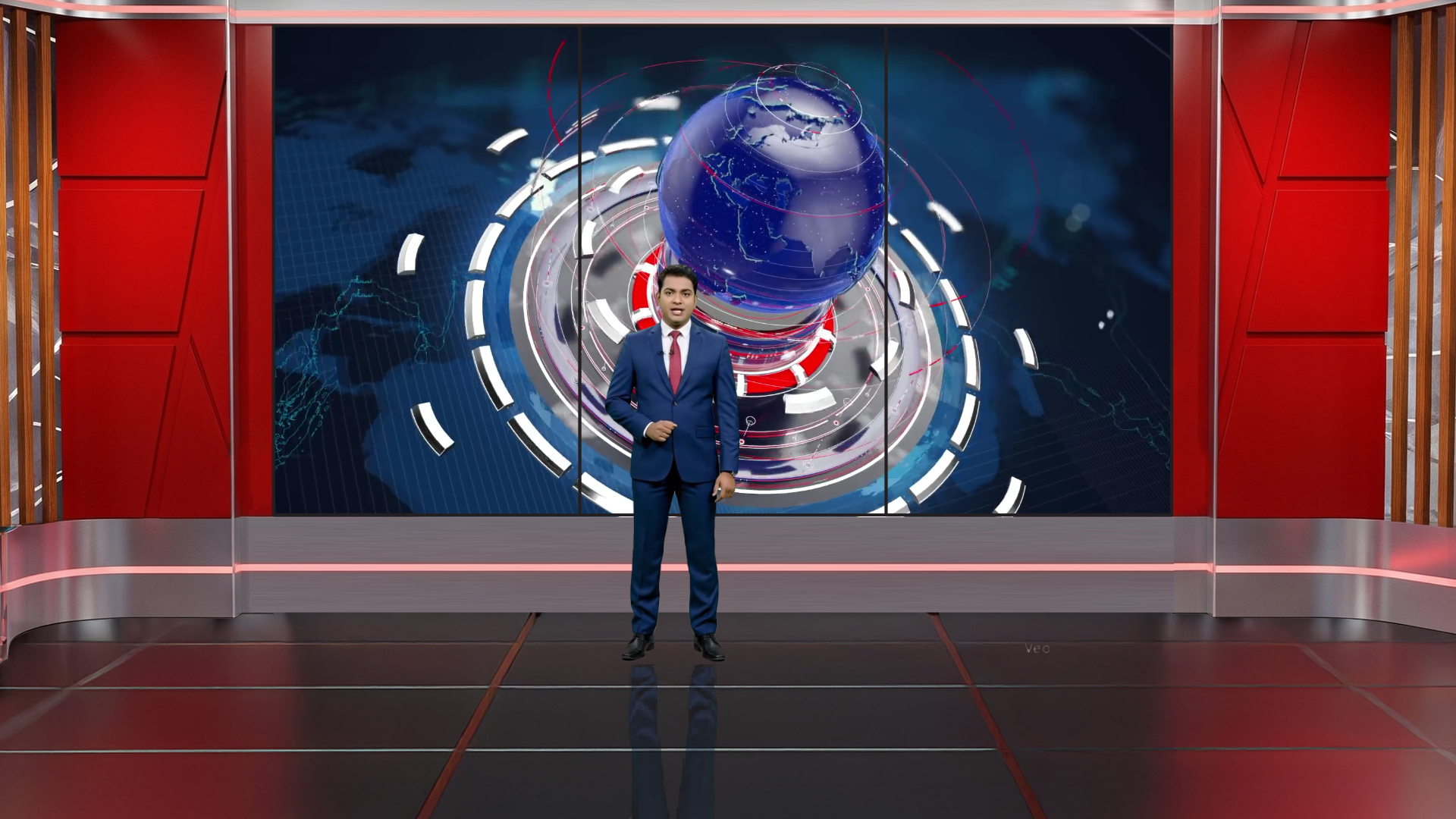 Digital design of a professional virtual studio set by elefair for vMix, talk shows, and news broadcasts, with modern studio elements.