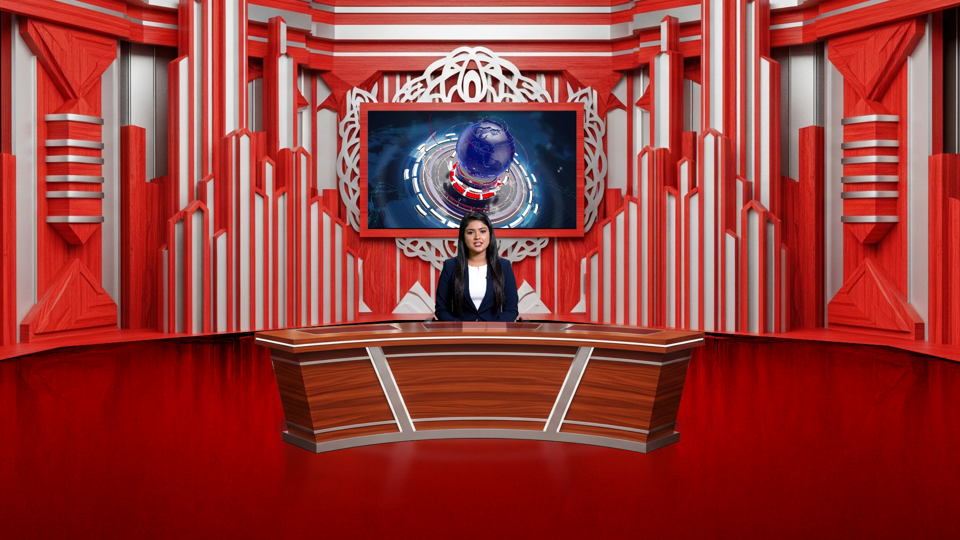 Digital design of a professional virtual studio set by elefair for vMix, talk shows, and news broadcasts.
