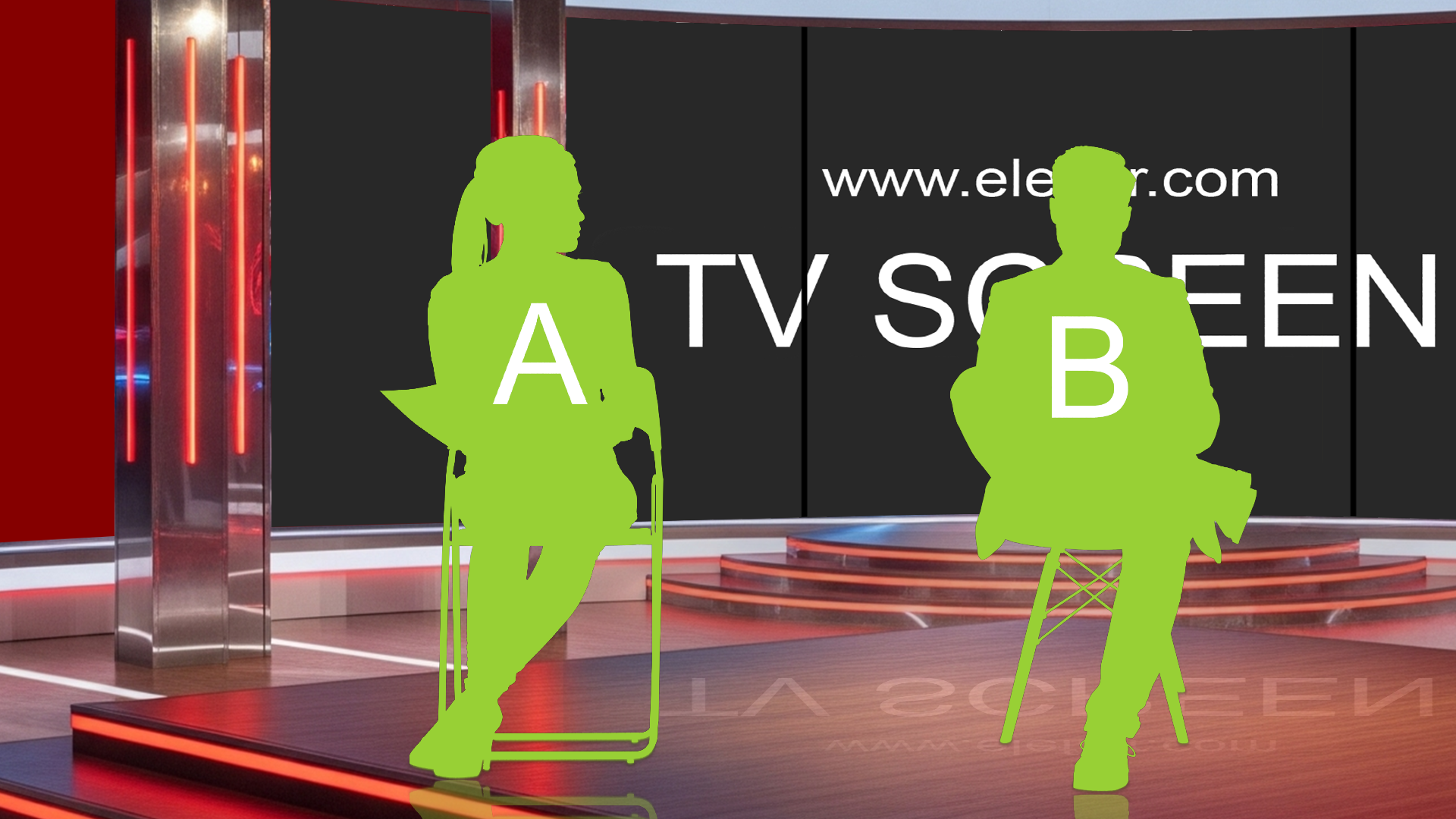 Digital design of elefair's professional virtual studio set for vMix, talk shows, and news broadcasts, with realistic studio backdrop.