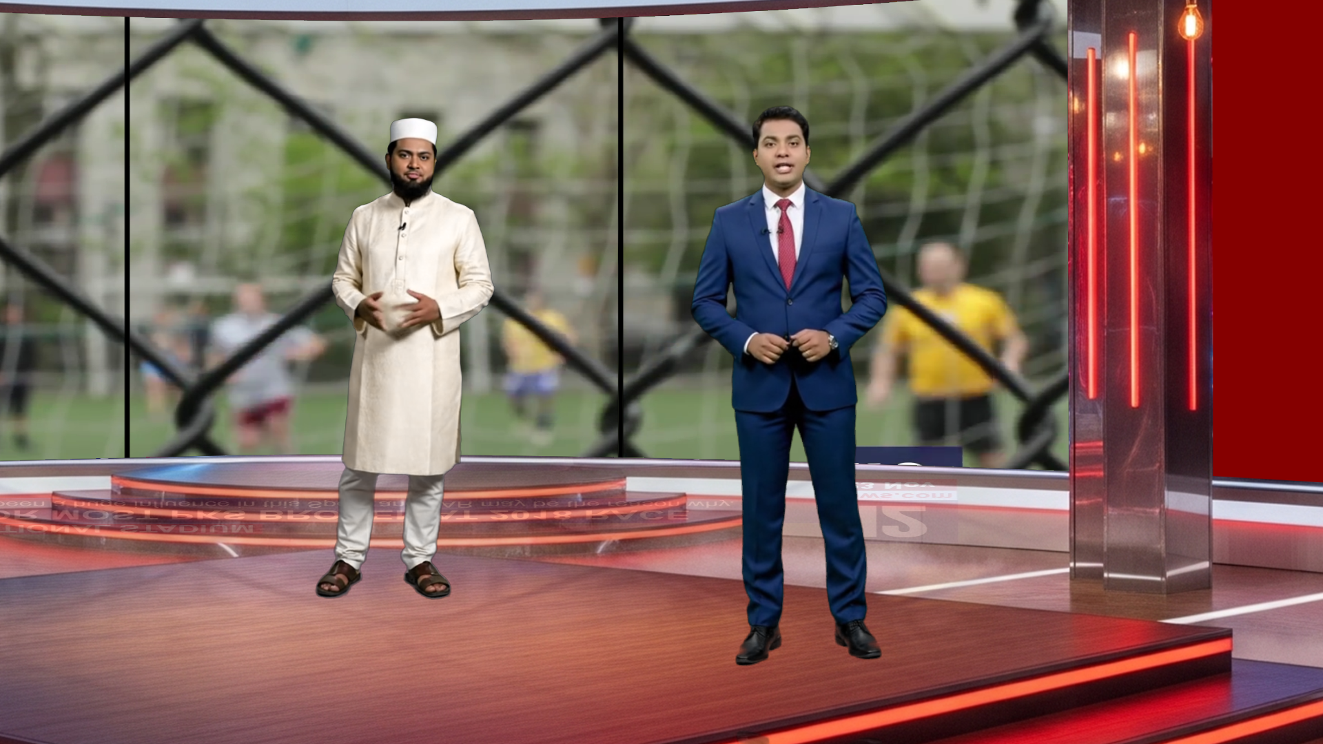 Digital design of a professional virtual studio set for vMix, talk shows, and news, by elefair, with a modern background and studio layout.