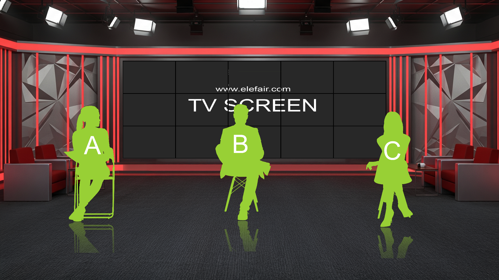 Digital design of a professional virtual studio set for vMix, talk shows, and news by elefair, featuring a modern studio background.