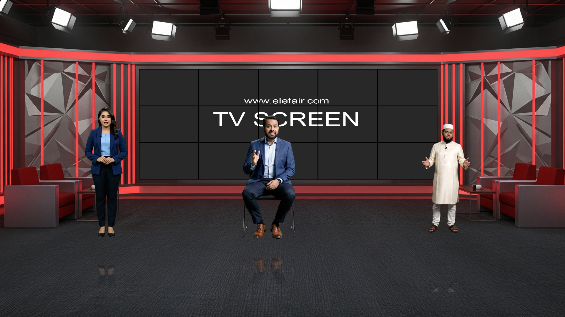 Digital design of a professional virtual studio set for vMix, talk shows, and news, by elefair.
