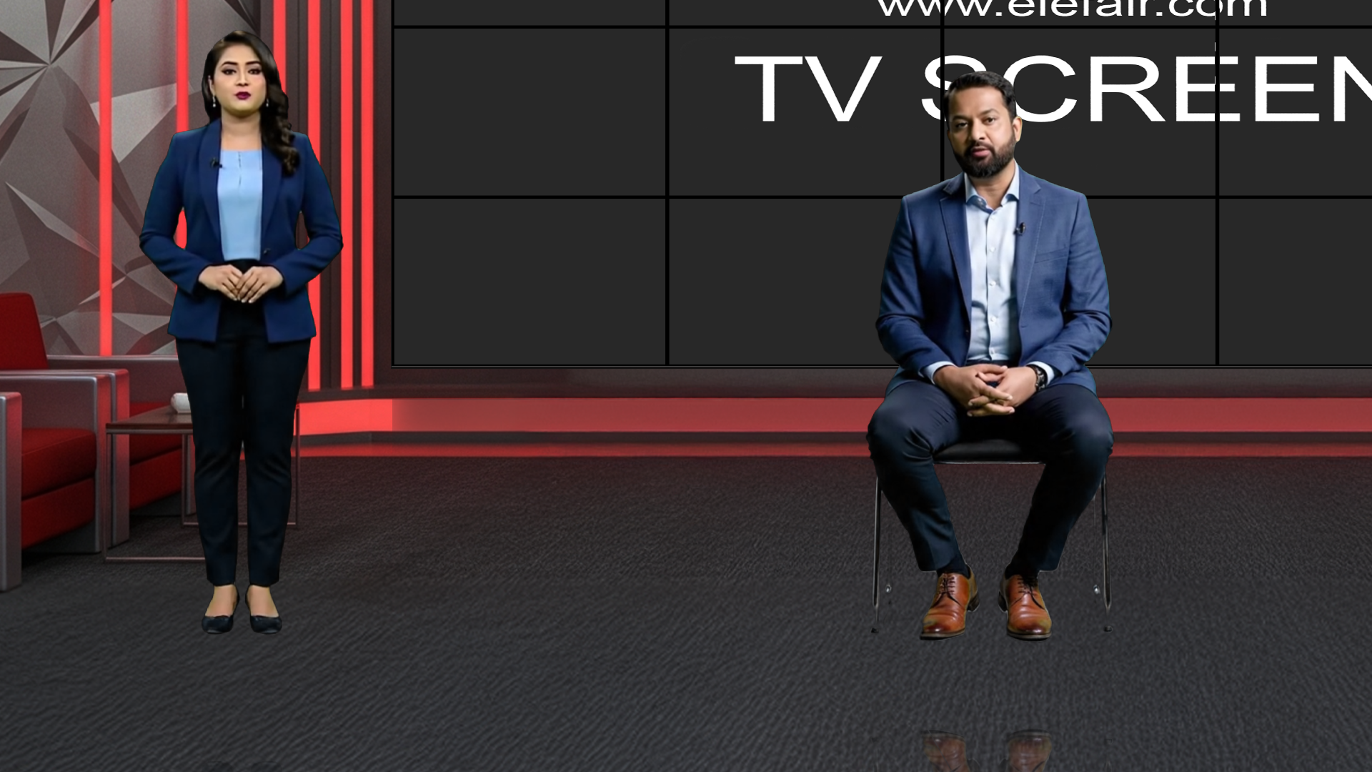 Digital design of a professional virtual studio set by elefair for vMix, talk shows, and news broadcasts.