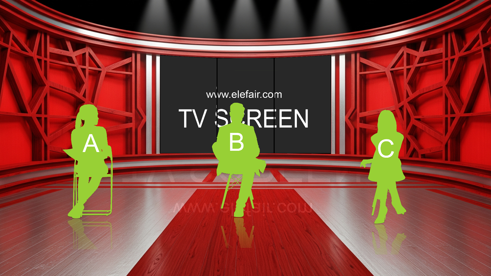 Digital design of elefair's professional virtual studio set for vMix, ideal for talk shows and news broadcasts.