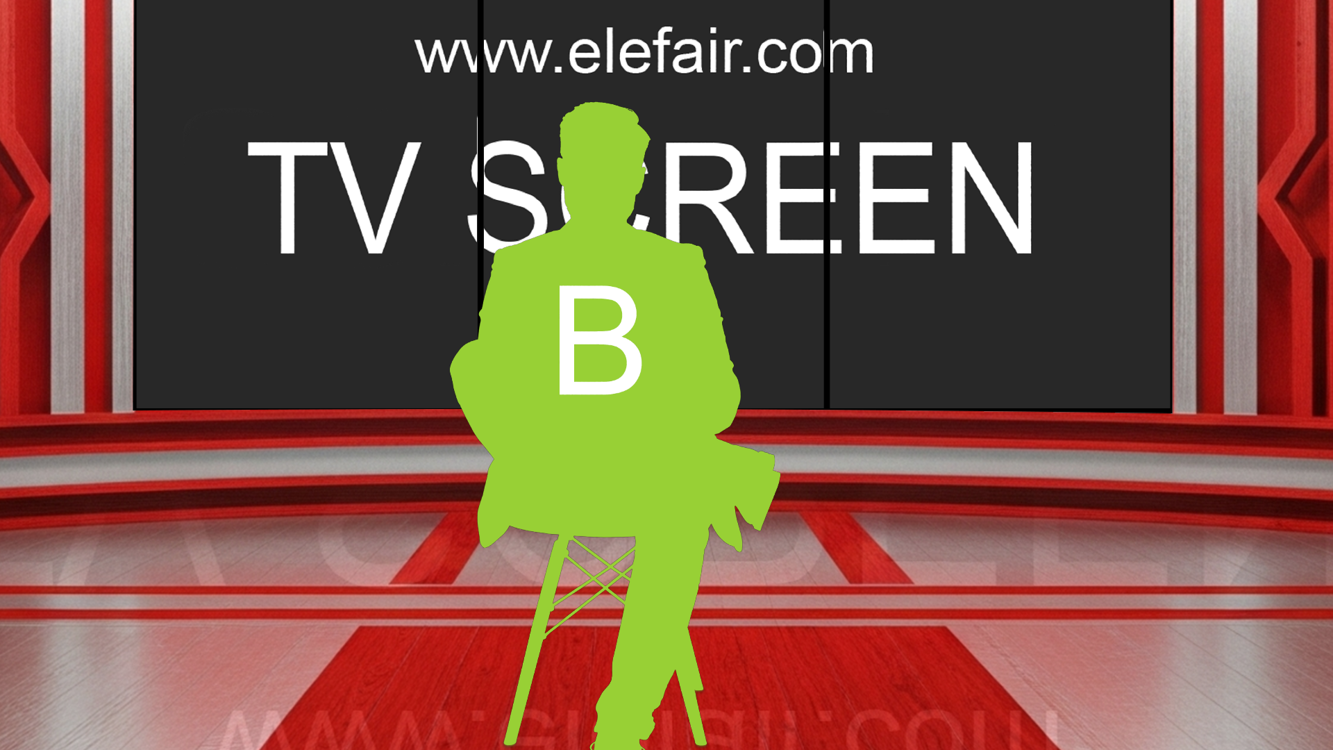 Digital design of elefair's professional virtual studio set for vMix, talk show, and news broadcast, featuring modern studio background.