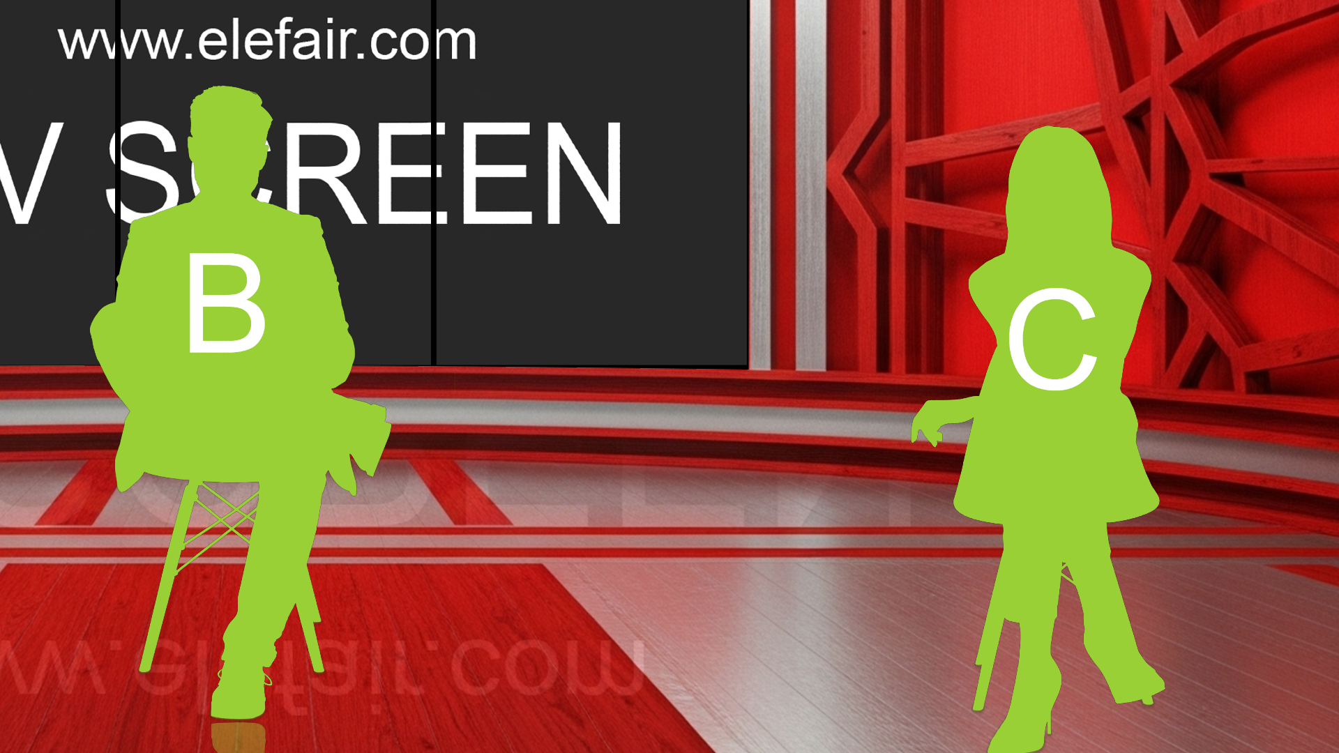 Digital design of a professional virtual studio set for vMix, Talk Show, and News by elefair, featuring modern studio background elements.