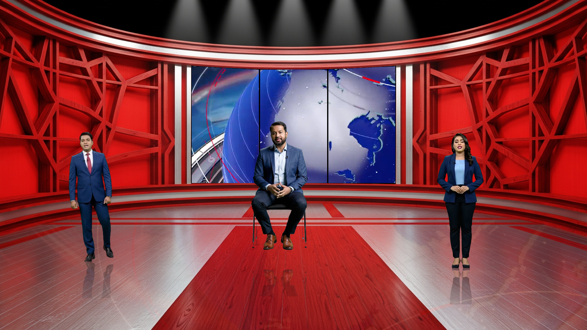 Digital design of elefair's professional virtual studio set for vMix, talk show, and news production, featuring realistic studio backgrounds.