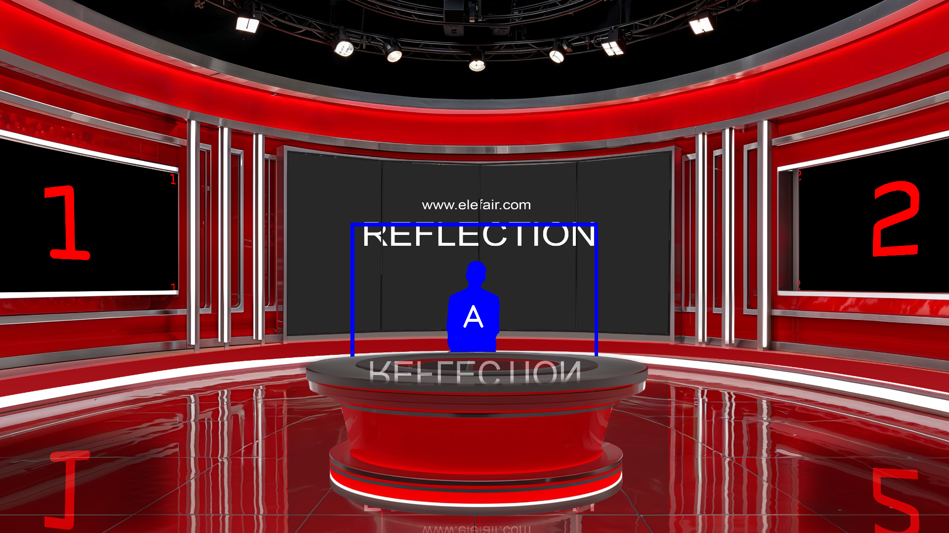 Digital design of elefair's professional virtual studio set for vMix, talk shows, and news broadcasts with modern studio visuals.