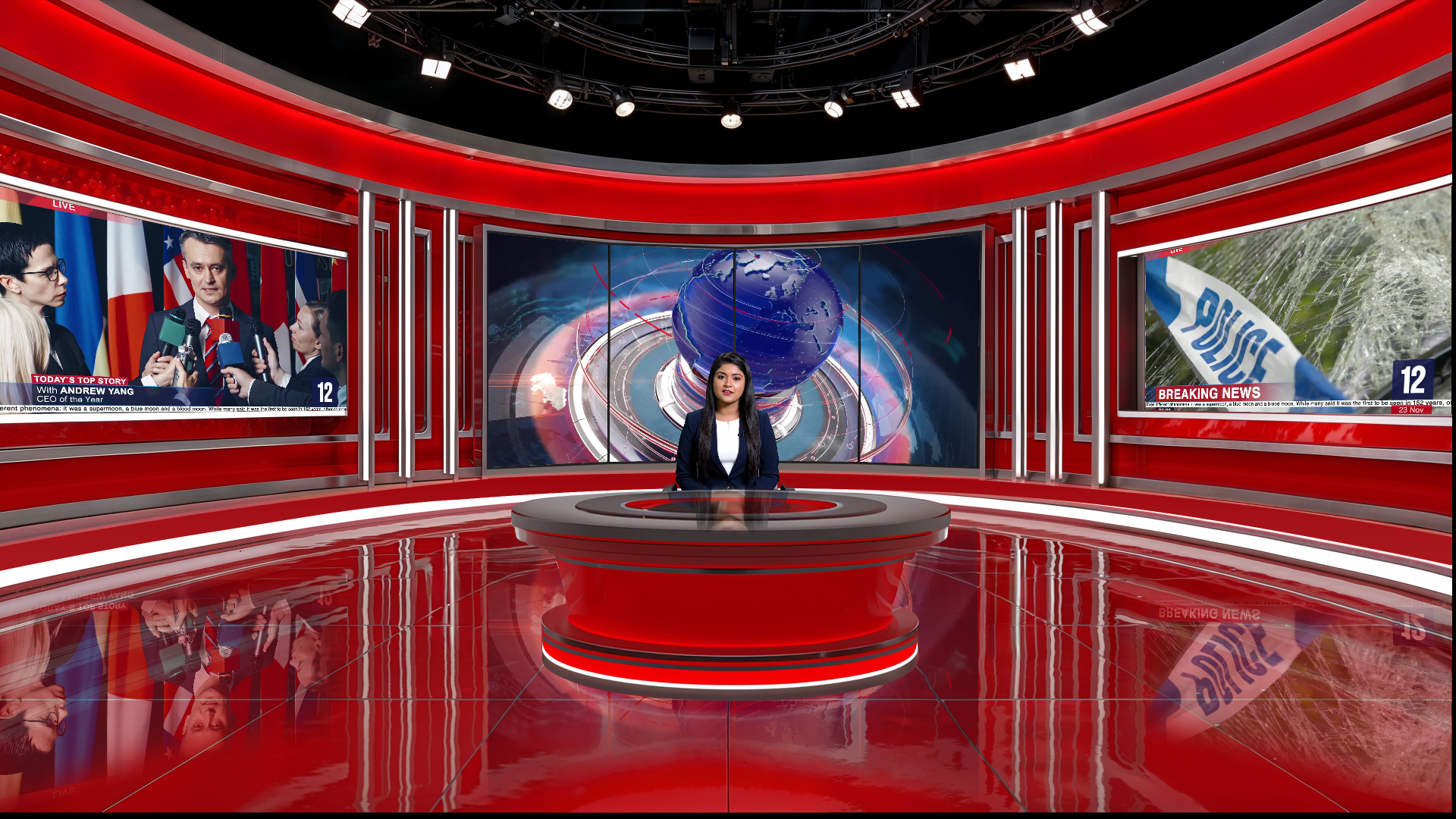 Digital design of elefair professional virtual studio set for vMix, ideal for talk shows and news broadcasts.