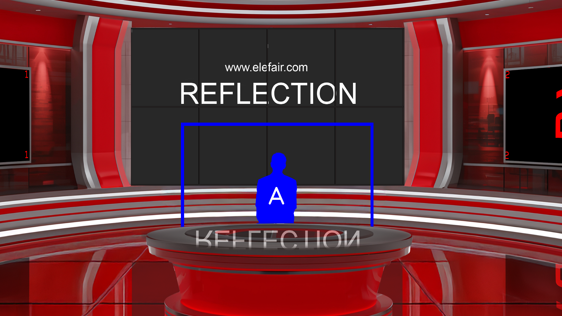 Professional virtual studio set for vMix and talk shows, digital design by elefair, featuring a realistic news and talk show background.