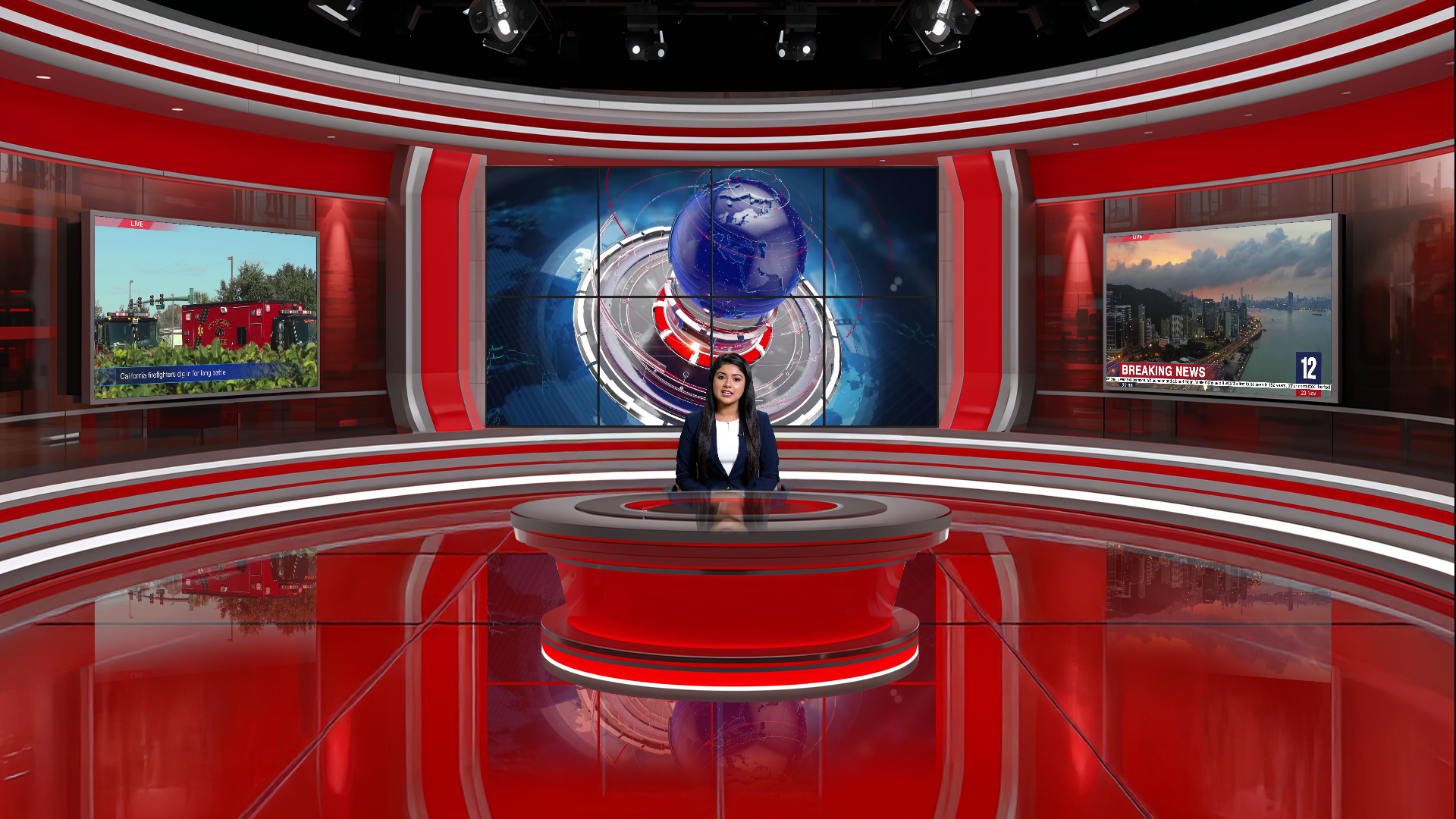 Digital design of elefair's professional virtual studio set for vMix, ideal for talk shows and news broadcasts.