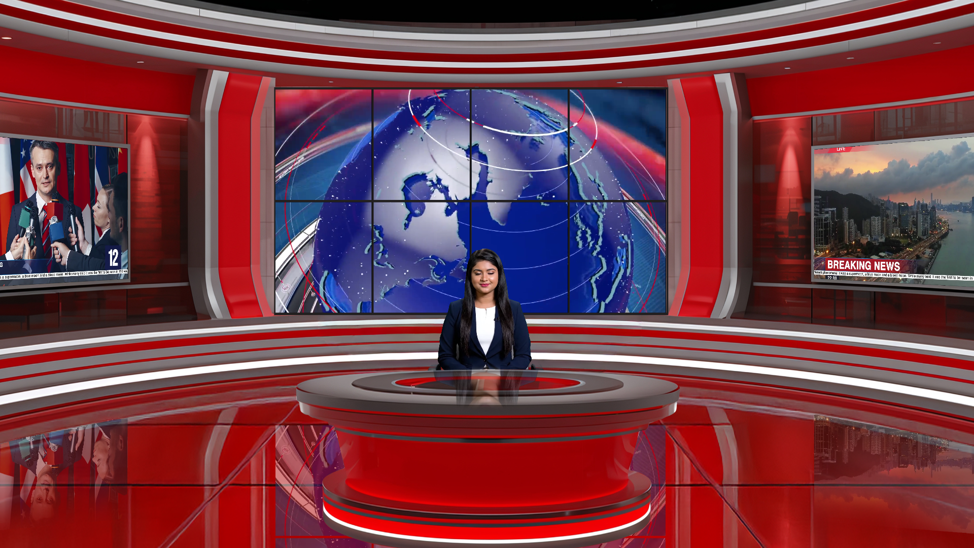 Digital design of elefair's professional virtual studio set for vMix, ideal for talk shows and news broadcasts.