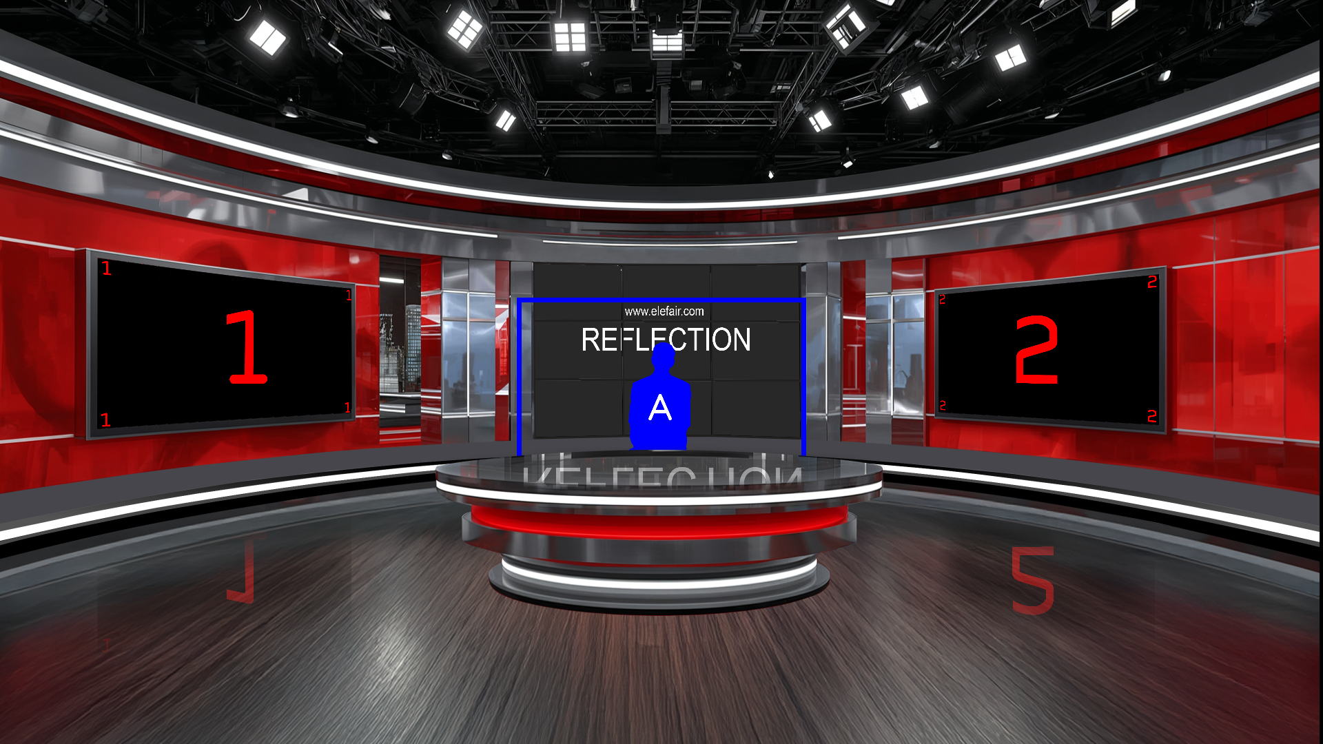 Digital design of a professional virtual studio set by elefair, suitable for vMix, talk shows, and news broadcasts.