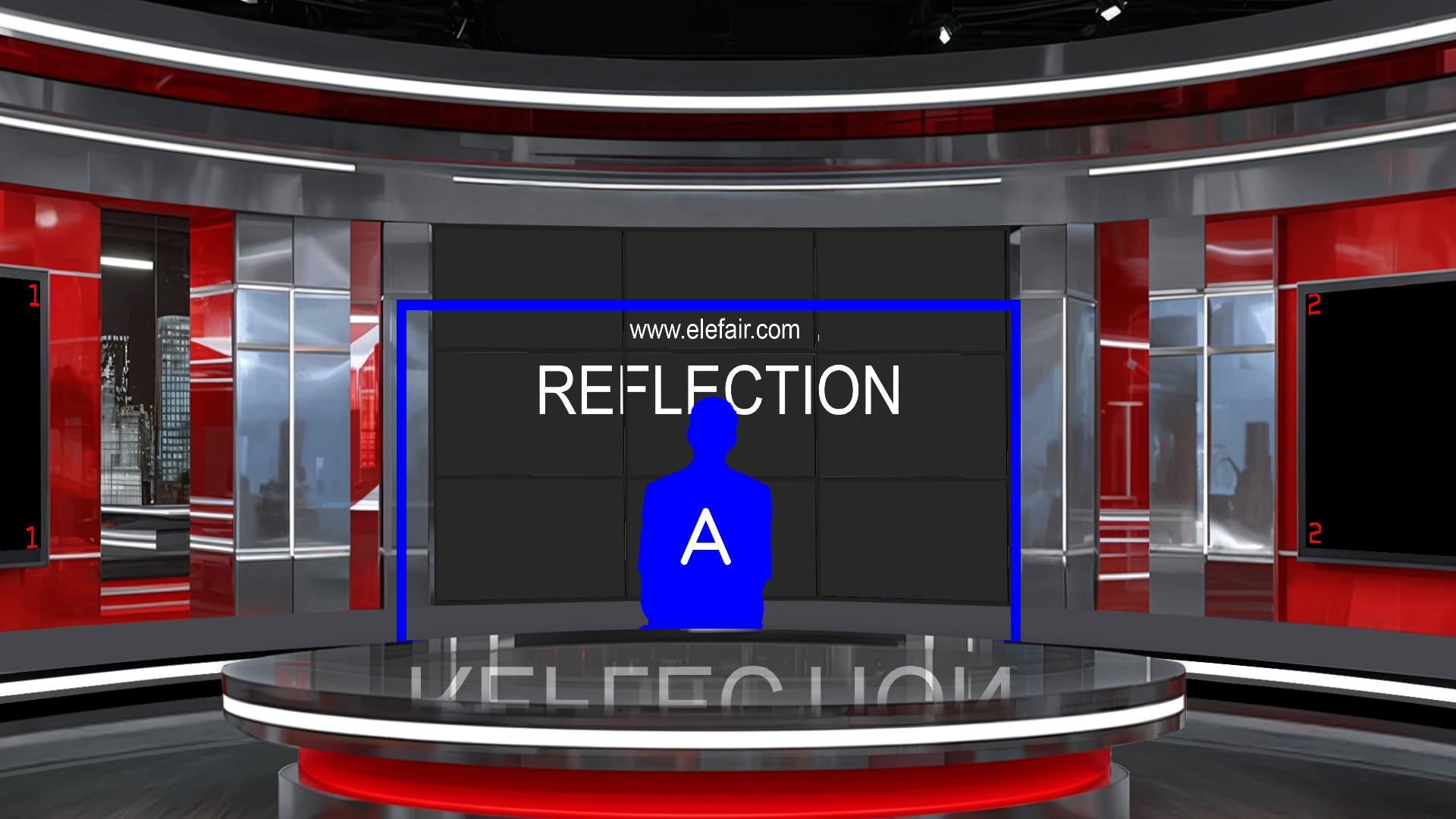 Digital design of elefair's professional virtual studio set for vMix, talk shows, and news broadcasts with modern studio visuals.