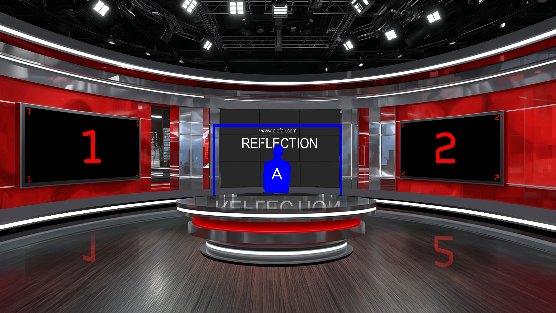Digital design of a professional virtual studio set for vMix, talk shows, and news, created by elefair.