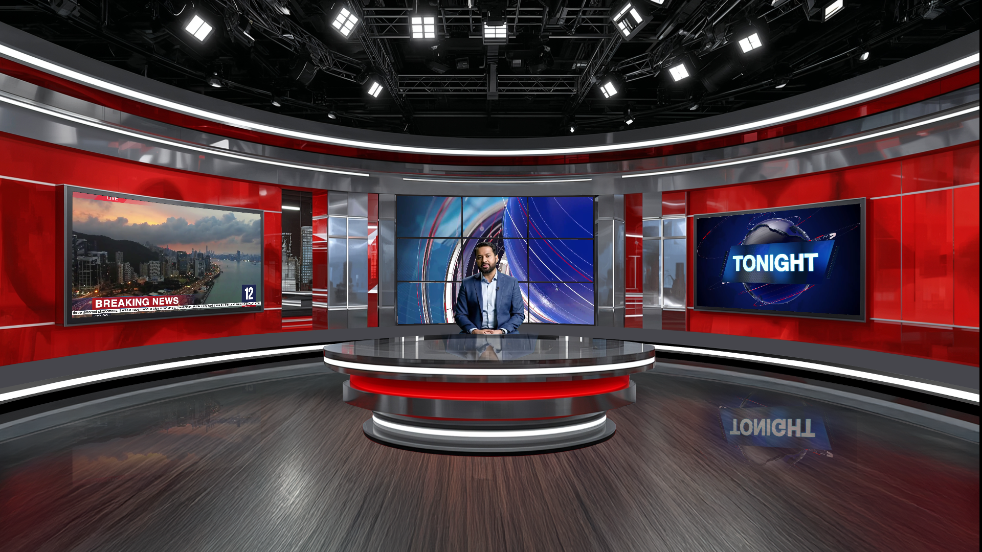 Digital design of a professional virtual studio set by elefair for vMix, talk shows, and news broadcasts.