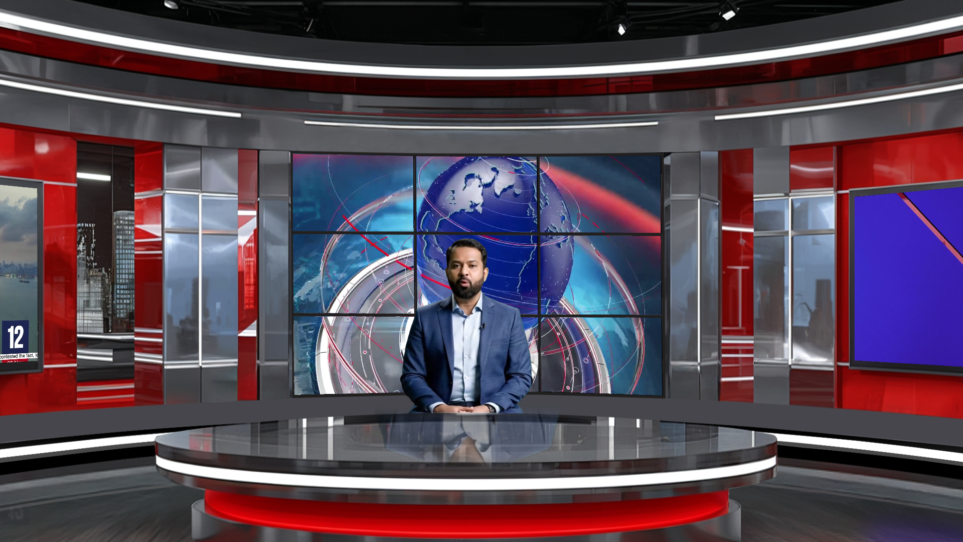 Digital design of elefair's professional virtual studio set for vMix, ideal for talk shows and news broadcasts.