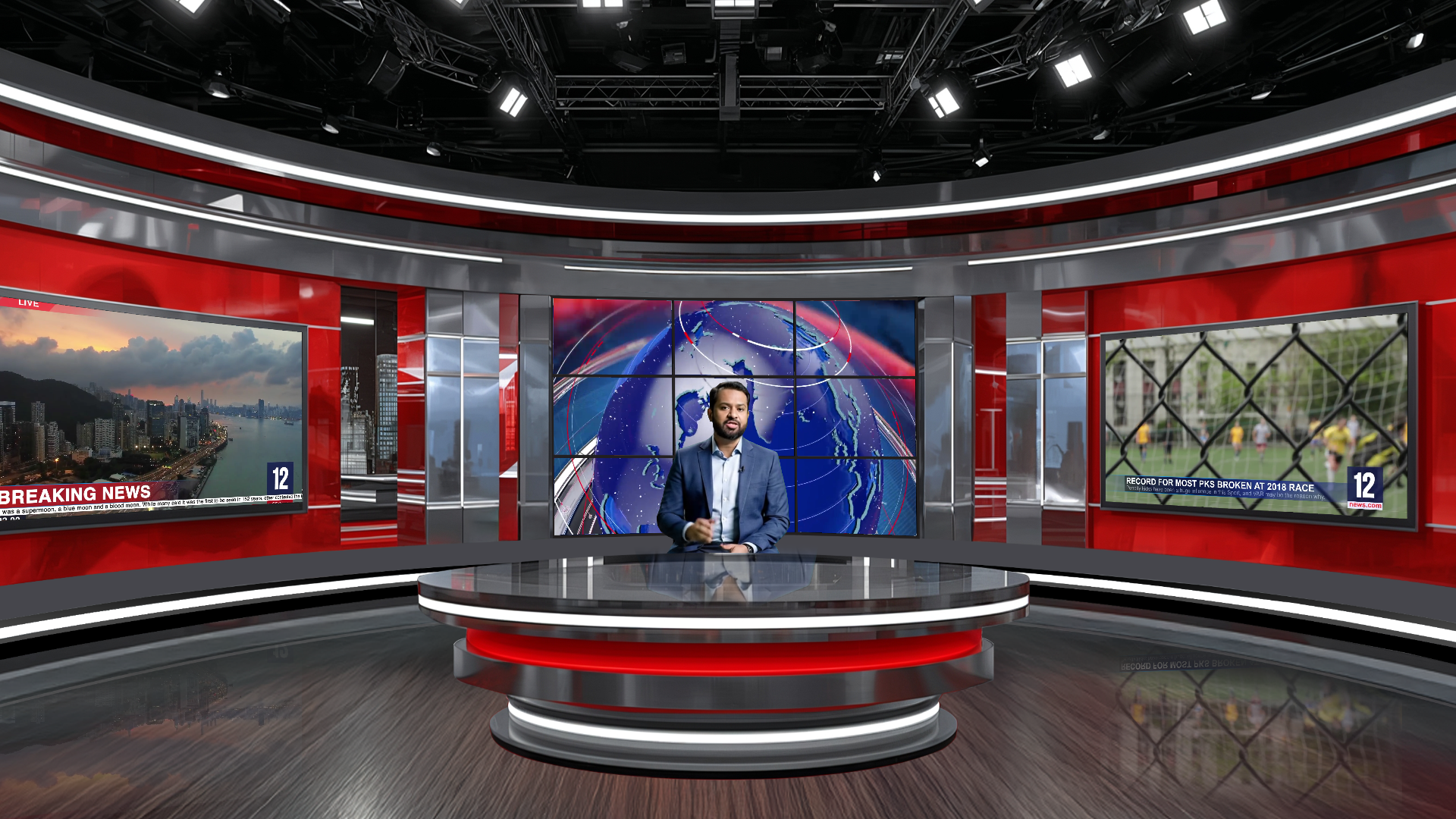 Digital design of elefair professional virtual studio set for vMix, ideal for talk shows and news broadcasts, with modern studio visuals.