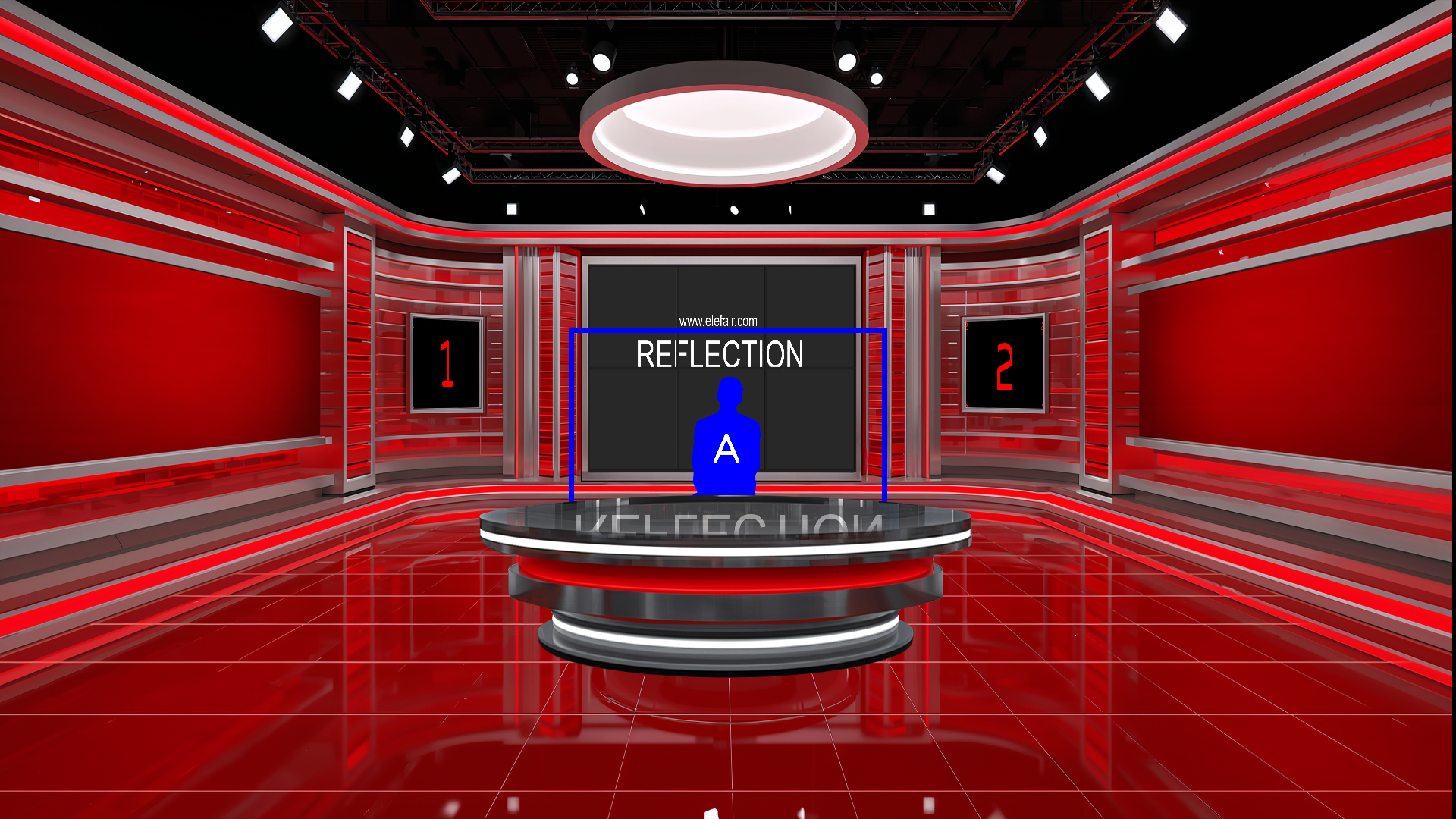 Digital design of elefair's professional virtual studio set for vMix, ideal for talk shows and news broadcasts.