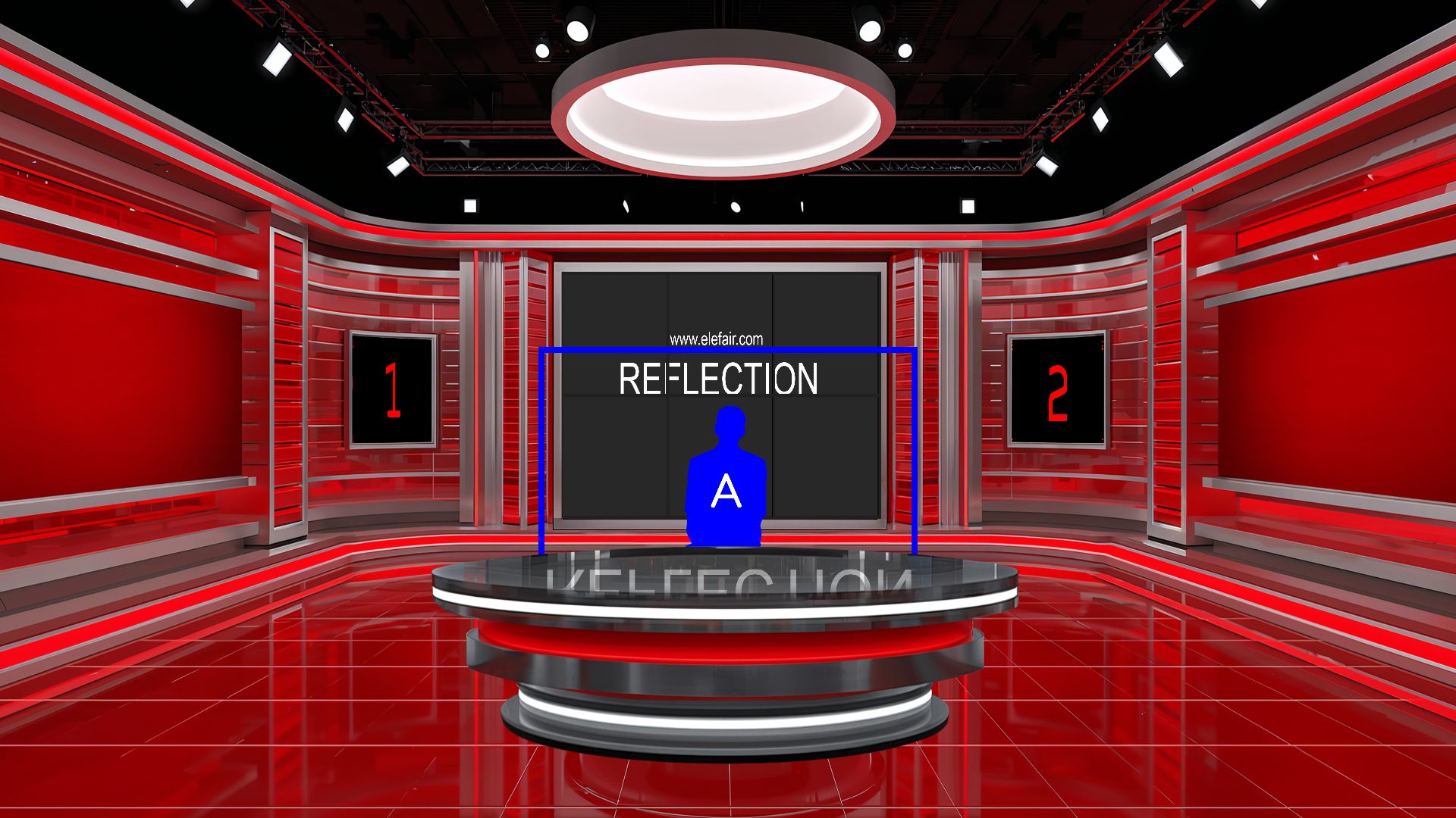 Digital design of professional virtual studio set by elefair, suitable for vMix, talk shows, and news broadcasts.