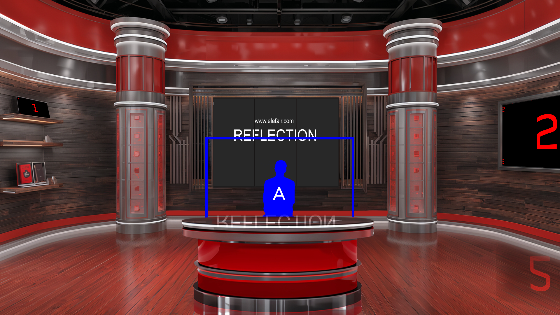 Digital design of elefair professional virtual studio set for vMix, ideal for talk shows and news broadcasts.