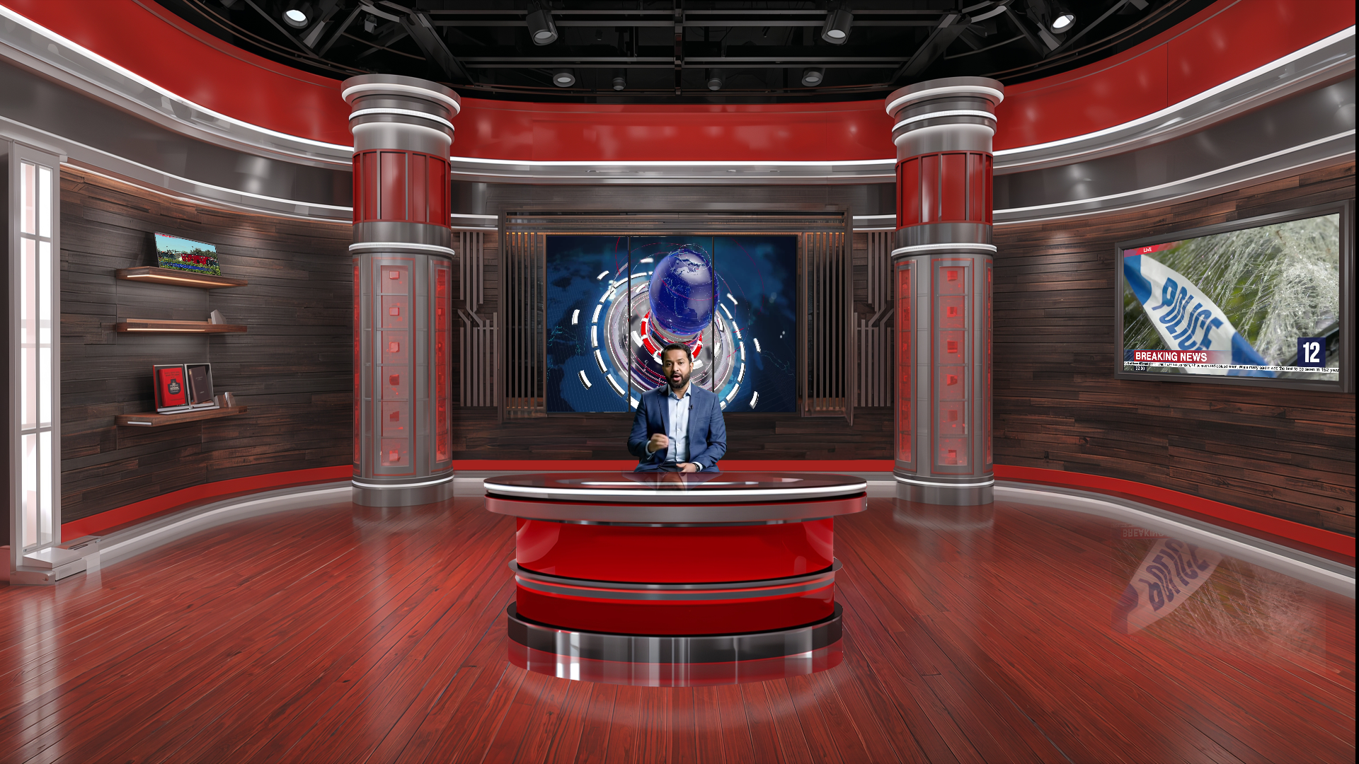Digital design of elefair's professional virtual studio set for vMix, talk show, and news broadcast, featuring modern virtual backgrounds.