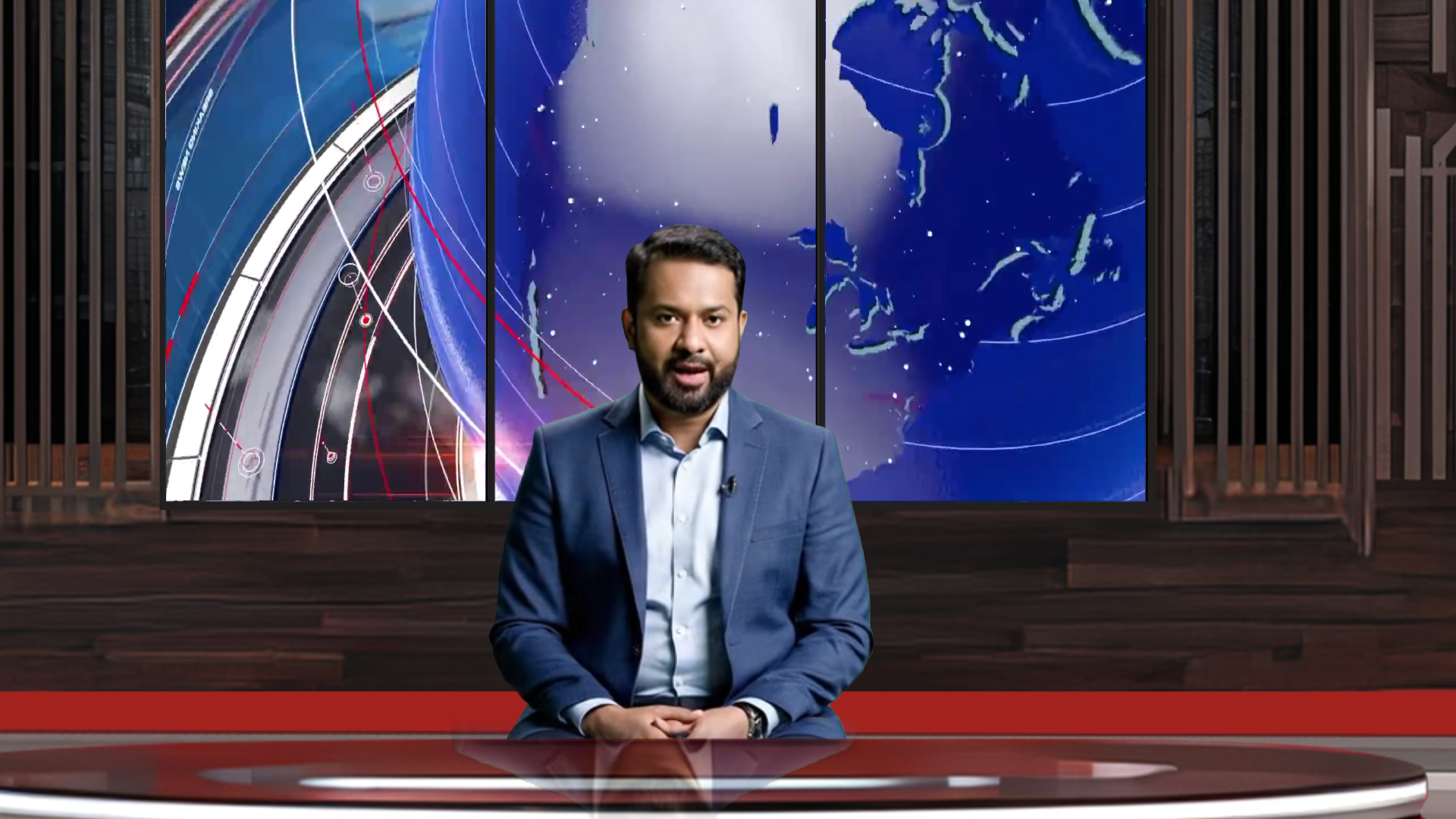 Digital design of elefair's professional virtual studio set for vMix, talk shows, and news broadcasts with modern studio visuals.