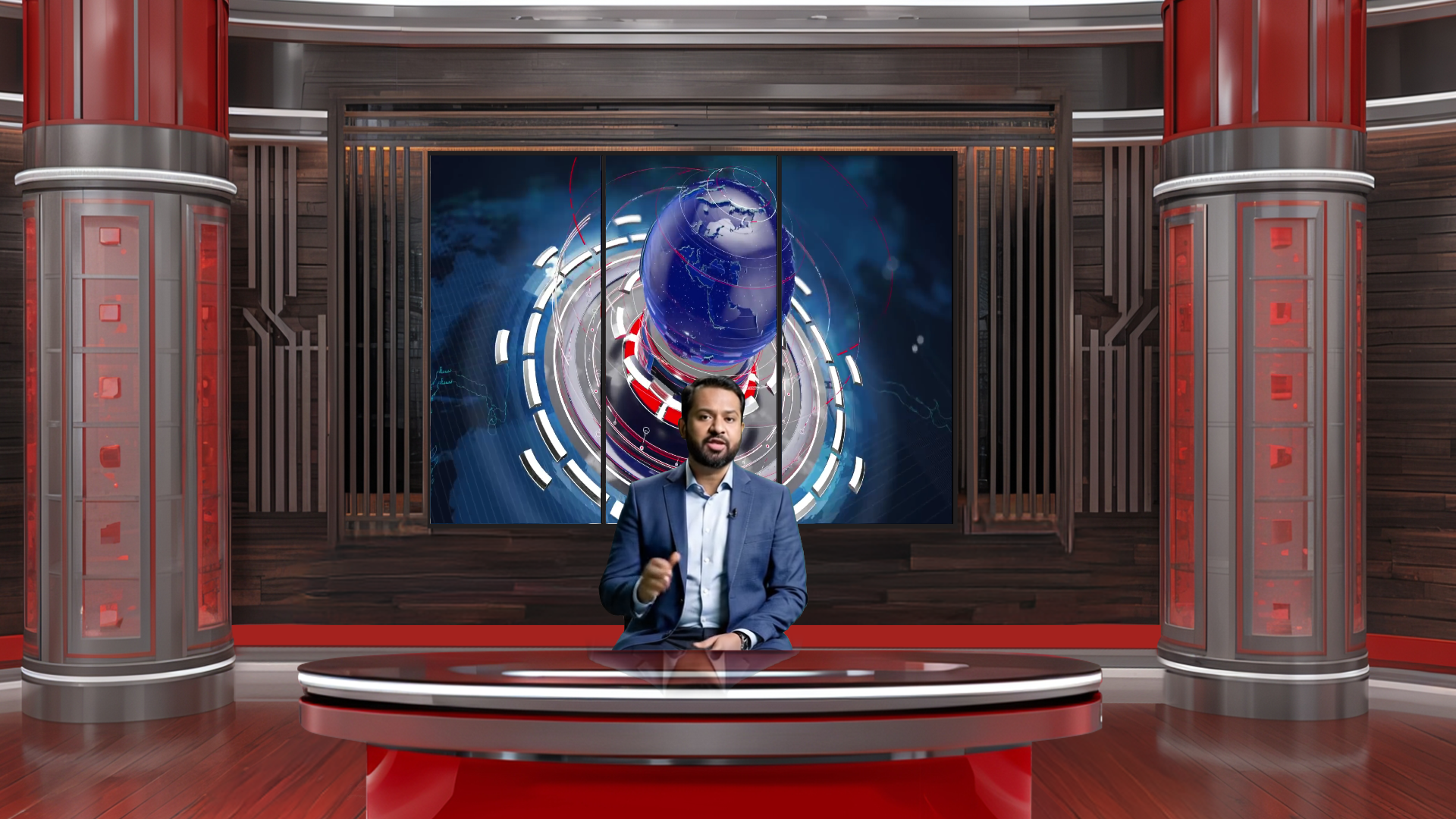 Digital design of a professional virtual studio set for vMix, talk shows, and news by elefair, featuring modern studio graphics.