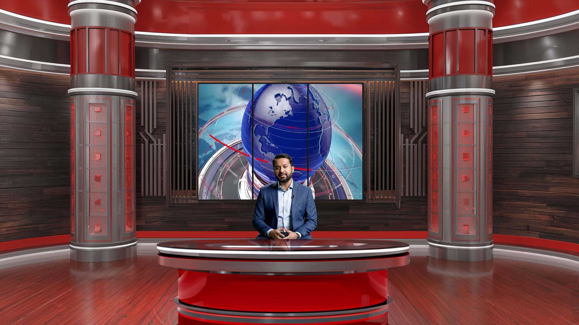 Digital design of professional virtual studio set for vMix, talk show, and news by elefair, featuring modern backgrounds and studio elements.