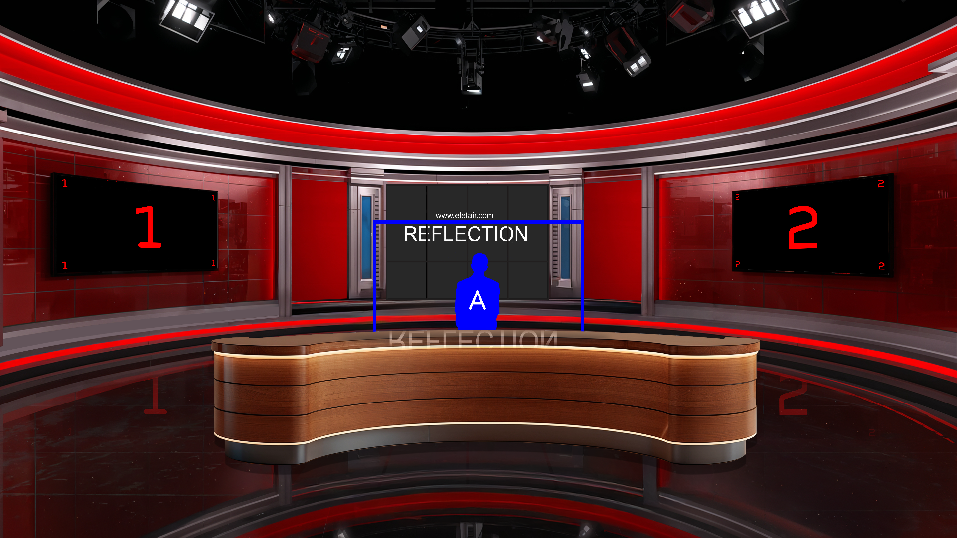 Digital design of elefair's professional virtual studio set for vMix, talk shows, and news broadcasts, featuring a modern studio layout.