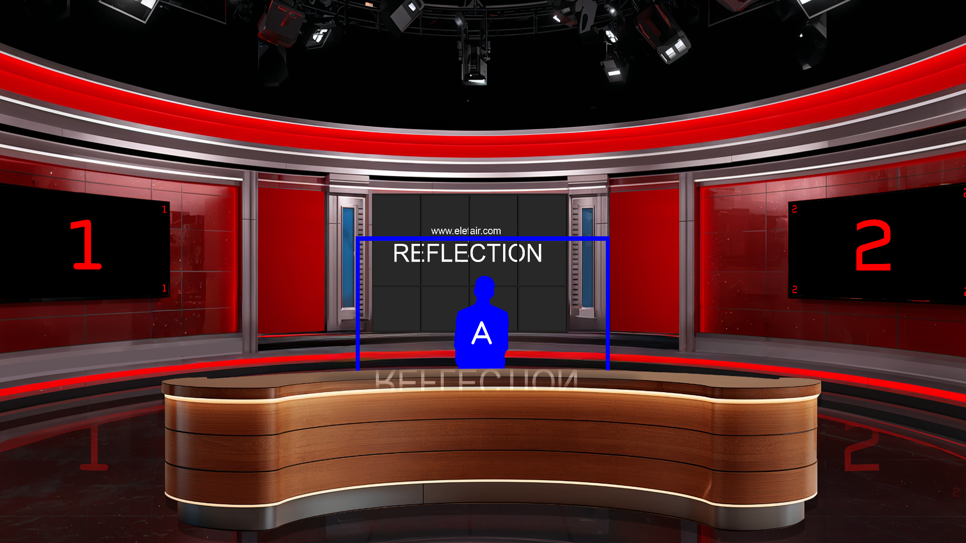 Digital design of a professional virtual studio set by elefair for vMix, ideal for talk shows and news broadcasts.