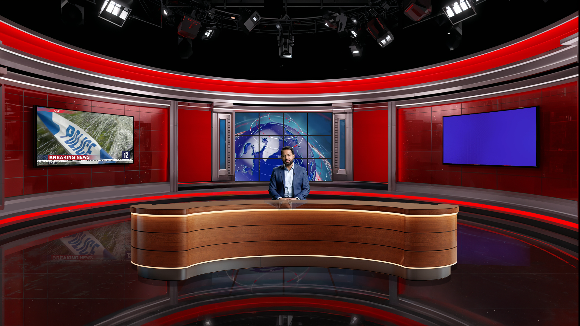 Digital design of a professional virtual studio set by elefair for vMix, talk show, and news broadcast setup.