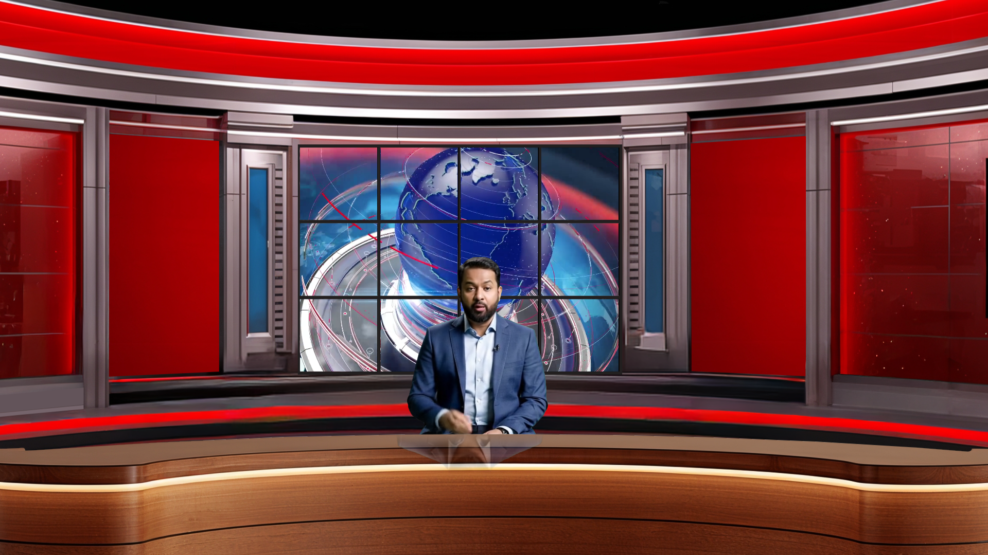 Digital design of professional virtual studio set for vMix, talk show, and news by elefair, featuring studio background and equipment.