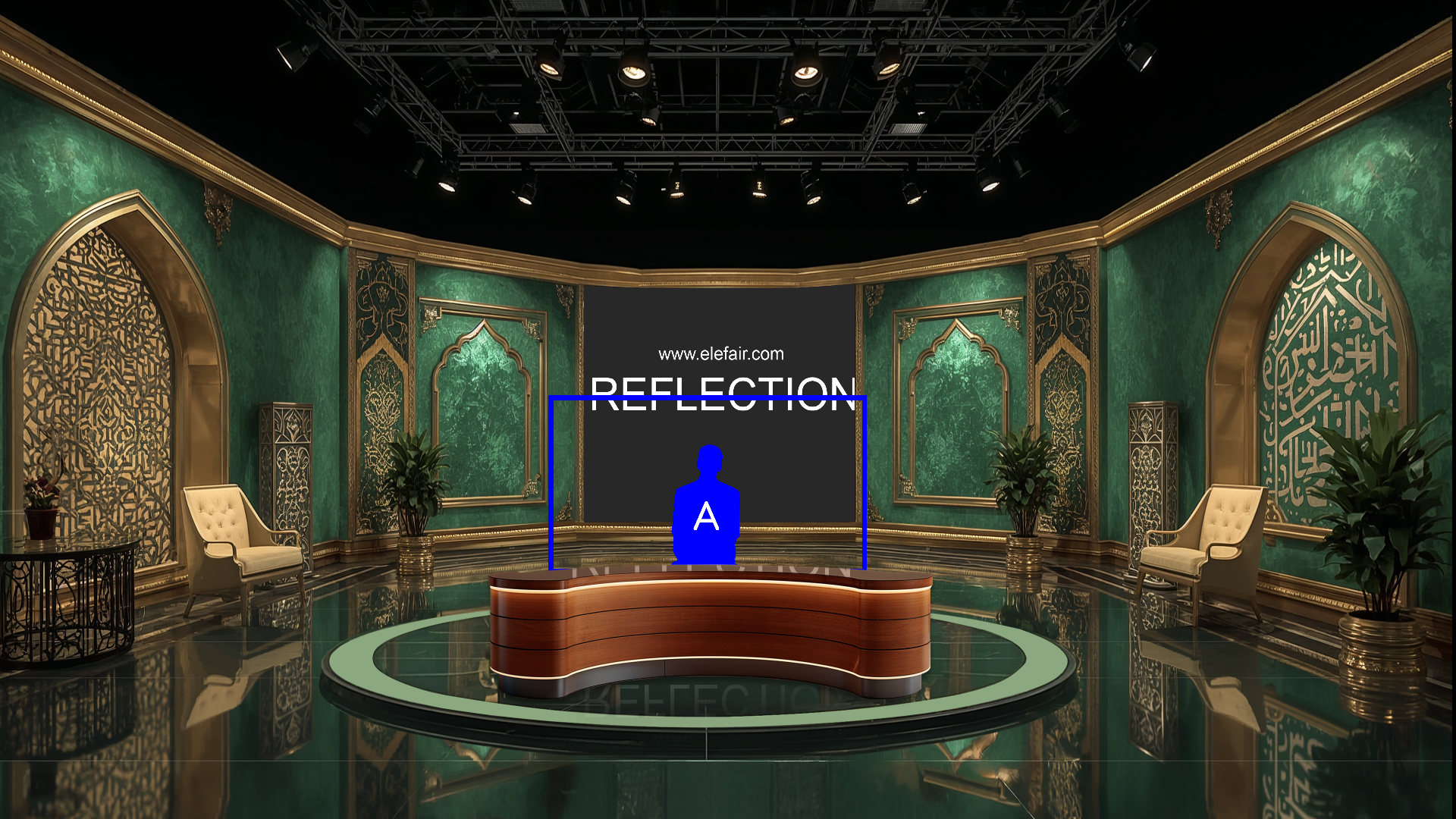 Digital design of a professional virtual studio set by Elefair for vMix, talk shows, and news broadcasts, with modern stage elements.