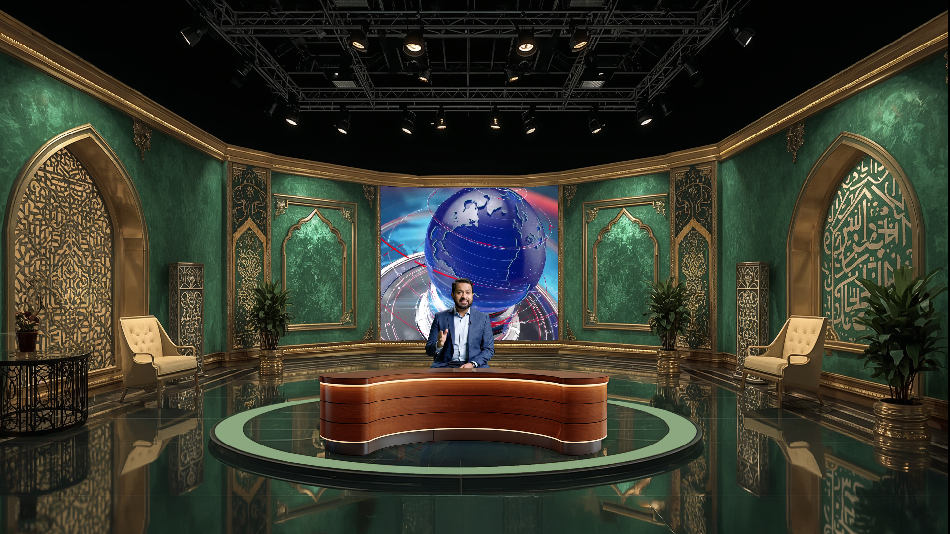 Digital design of elefair professional virtual studio set for vMix, ideal for talk shows and news productions.