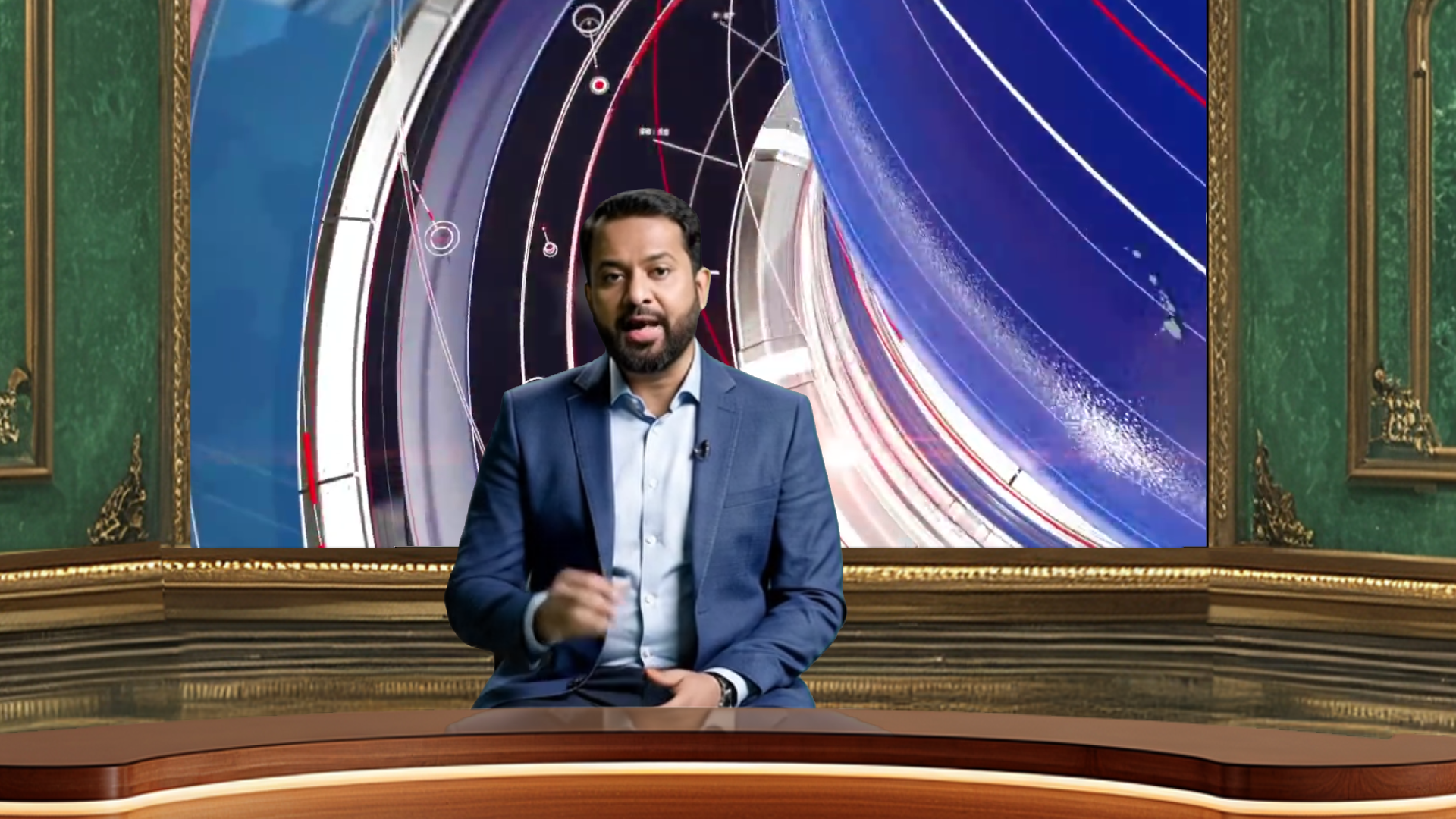 Digital design of elefair professional virtual studio set for vMix, talk show, and news production, featuring modern studio background.